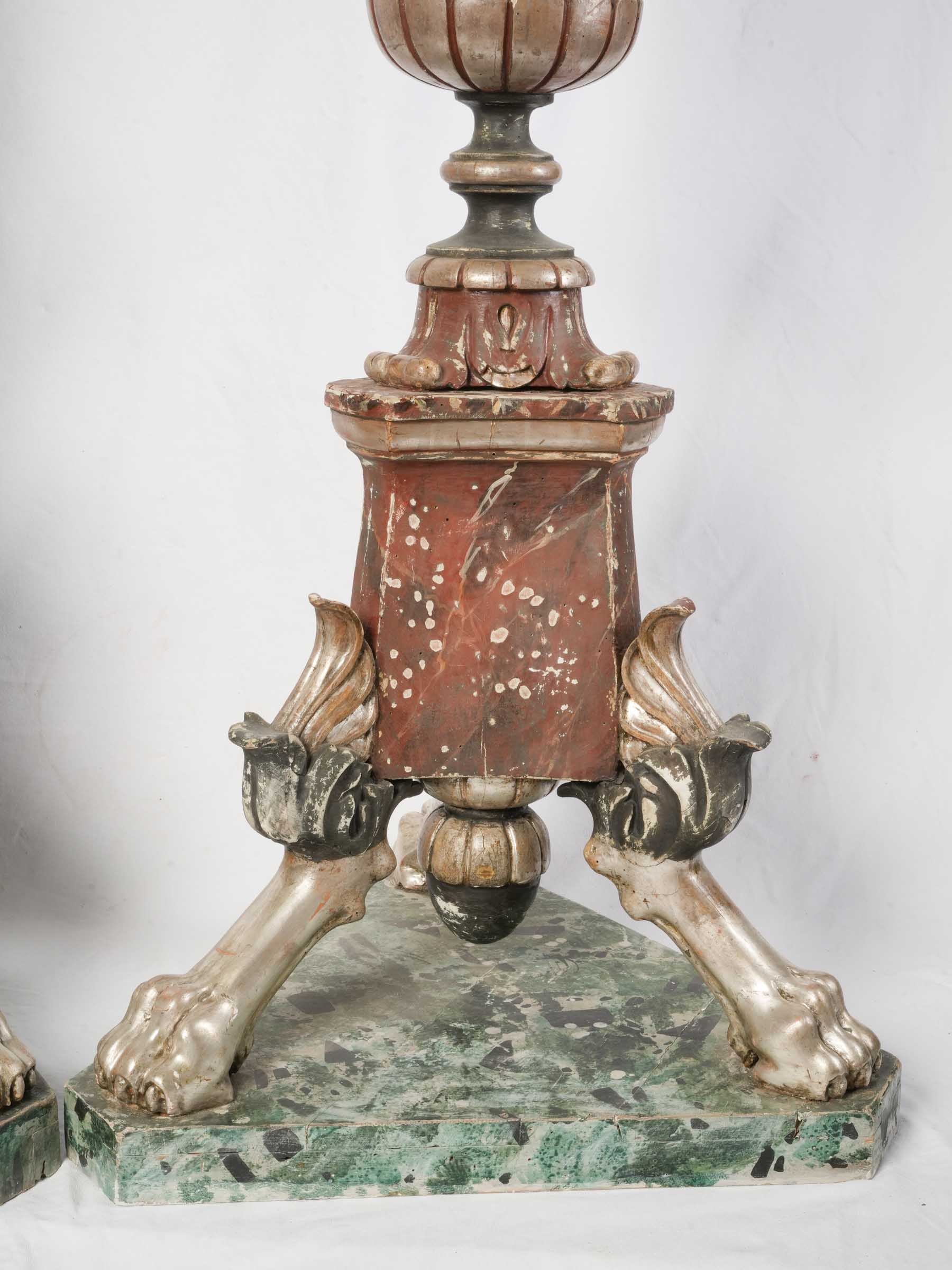 Spectacular Pair of Italian Baroque Polychrome & Silver-Leaf Torcheres, c. 1700 - 68½"