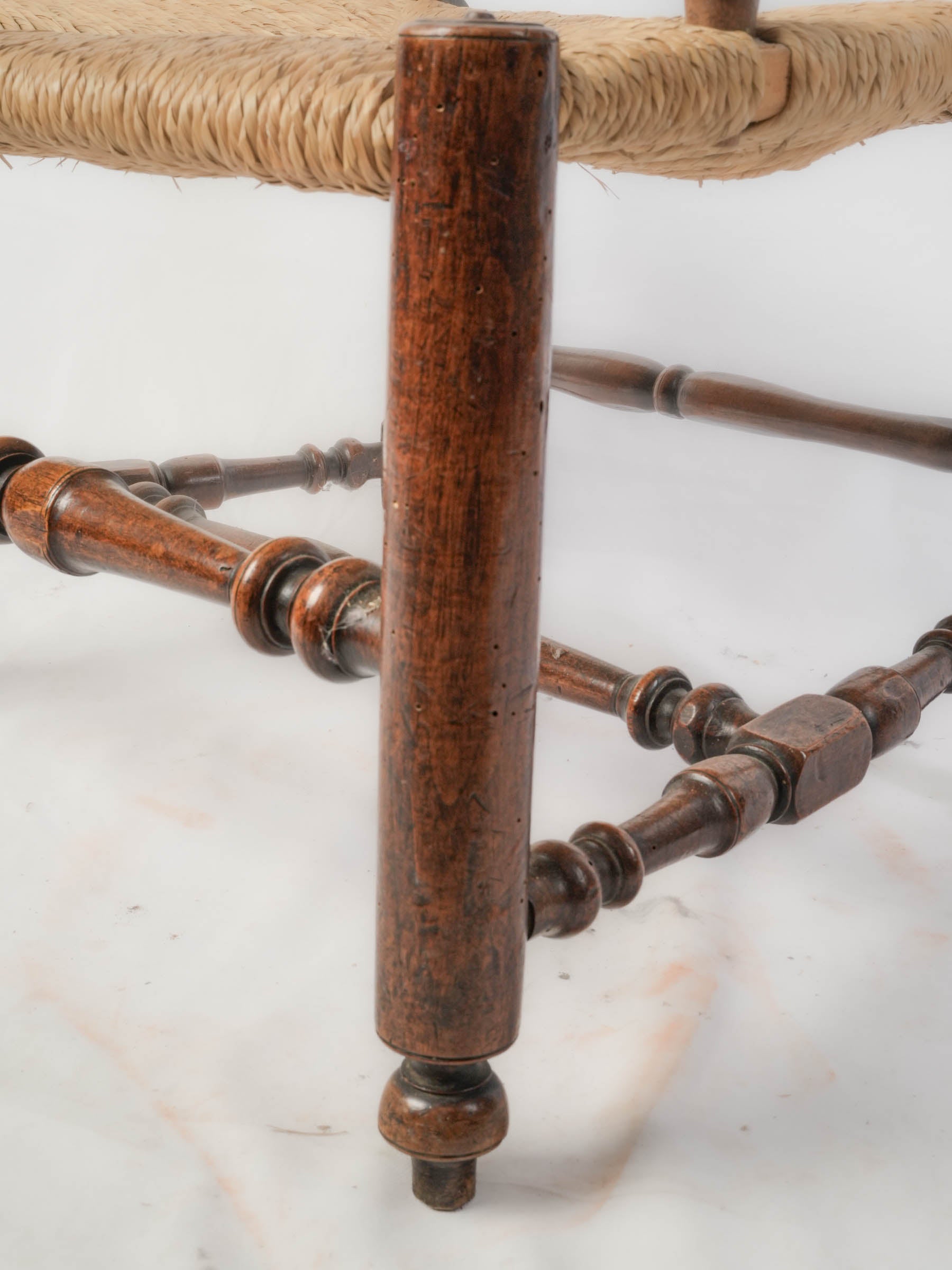 Antique Provençal Walnut Ladder-Back Armchair with Rush Seat - 38¼"