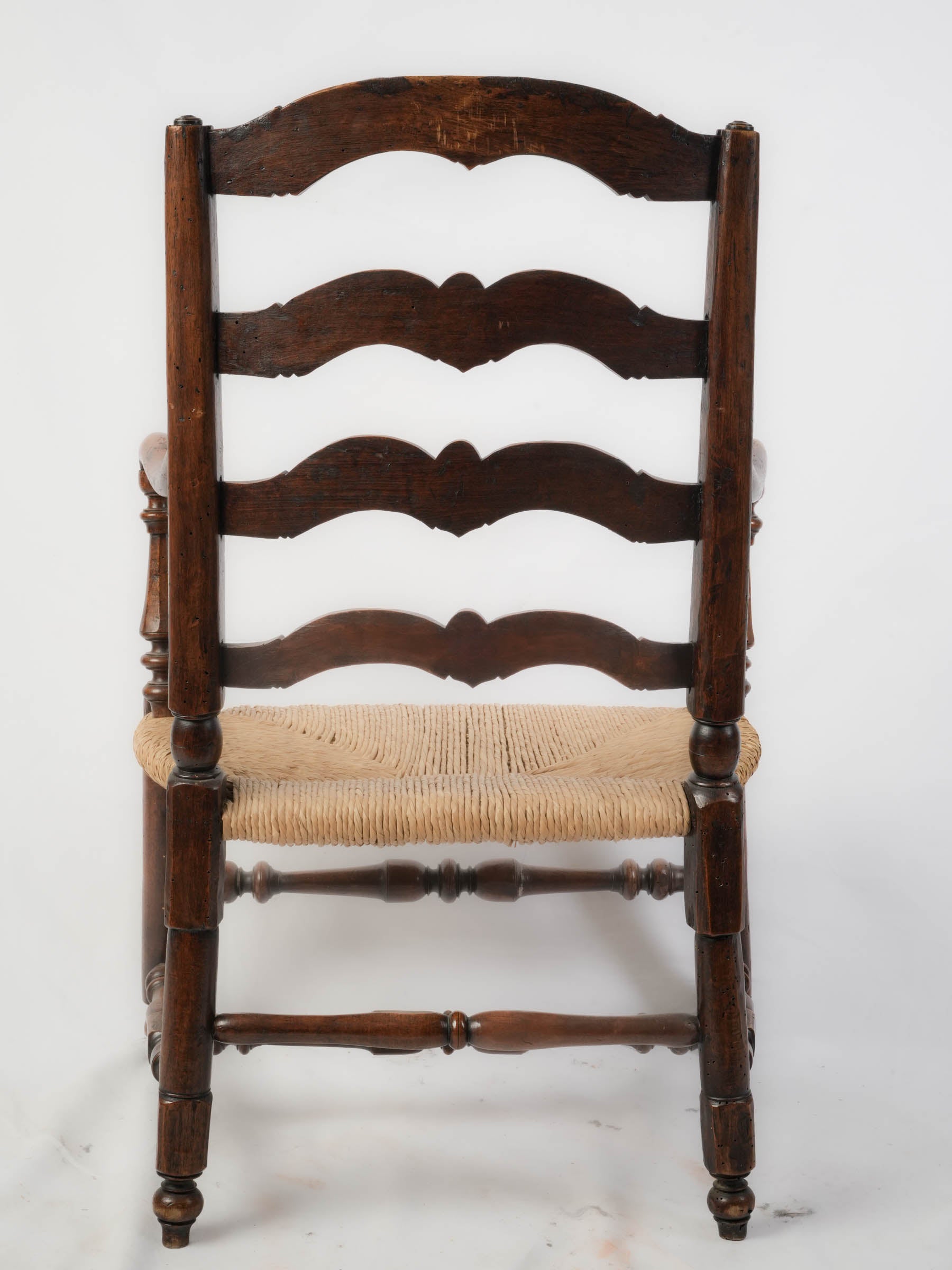 Antique Provençal Walnut Ladder-Back Armchair with Rush Seat - 38¼"