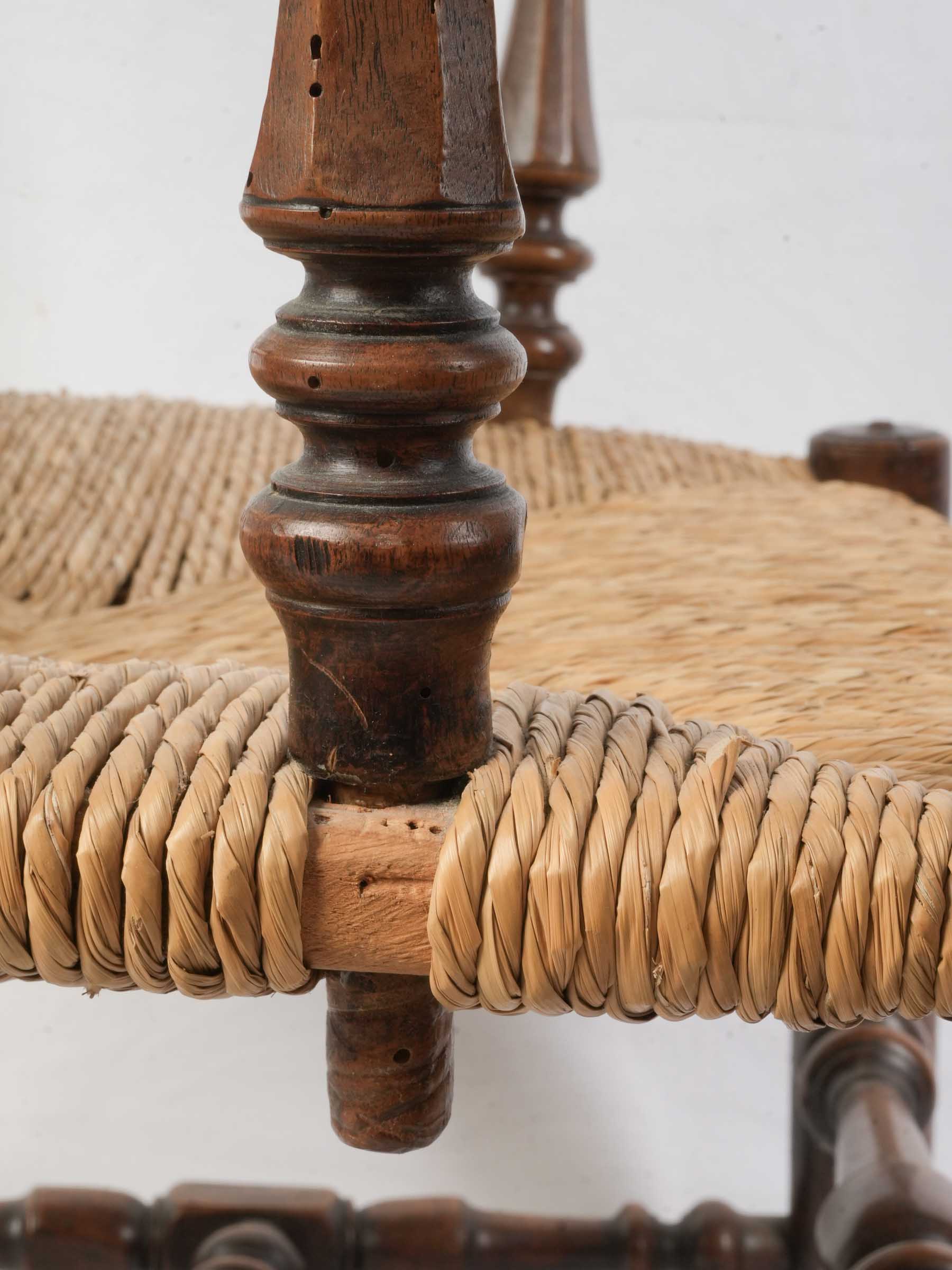 Antique Provençal Walnut Ladder-Back Armchair with Rush Seat - 38¼"