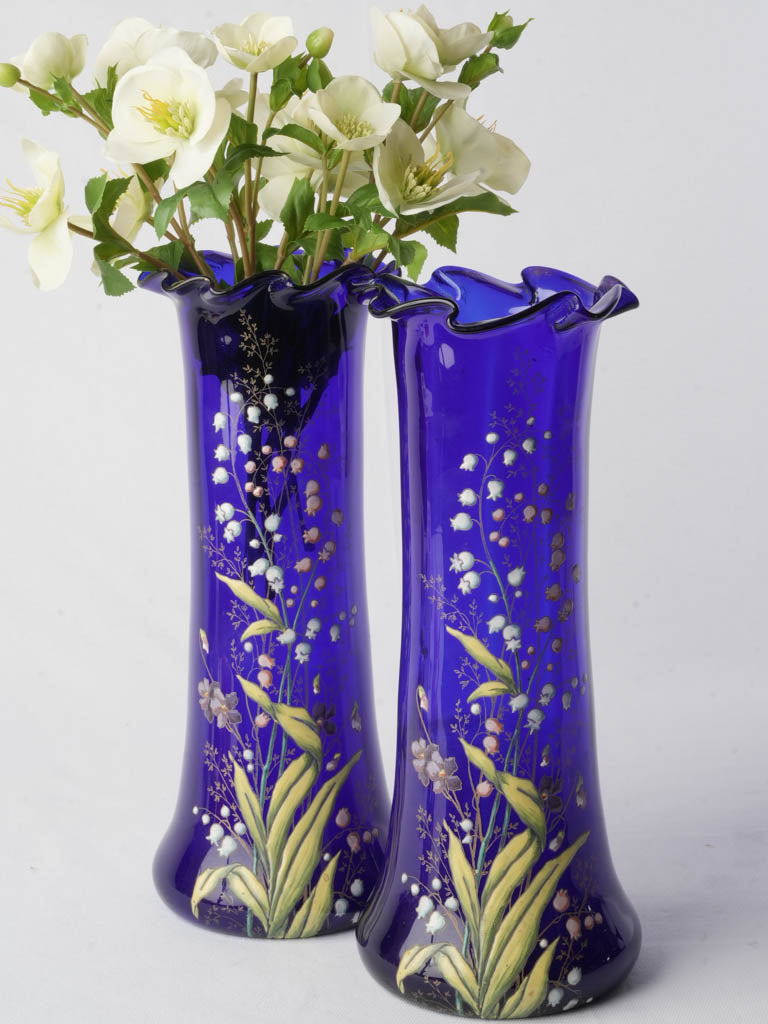 Pair of Cobalt Blue Art Nouveau Enamelled Vases by Legras c. 1900 - 13¾"