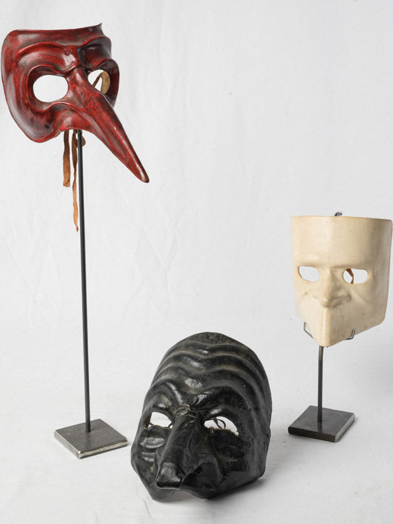 Set of Three Venetian Carnival Leather Masks on Stands from the Early 20th Century