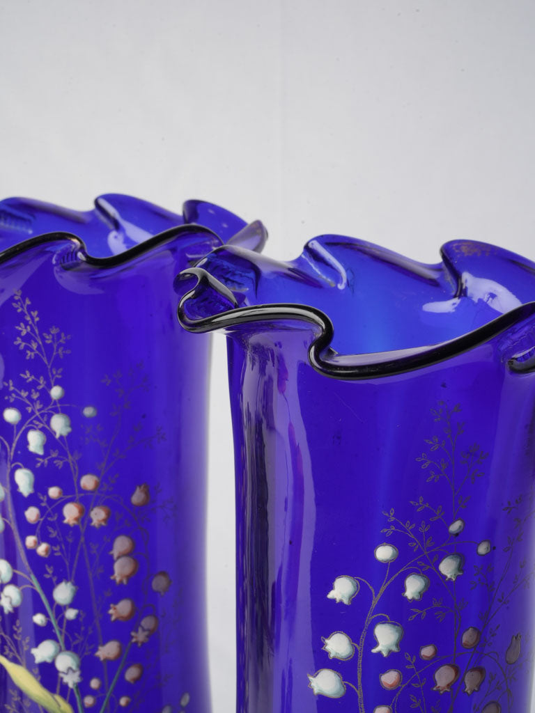 Pair of Cobalt Blue Art Nouveau Enamelled Vases by Legras c. 1900 - 13¾"