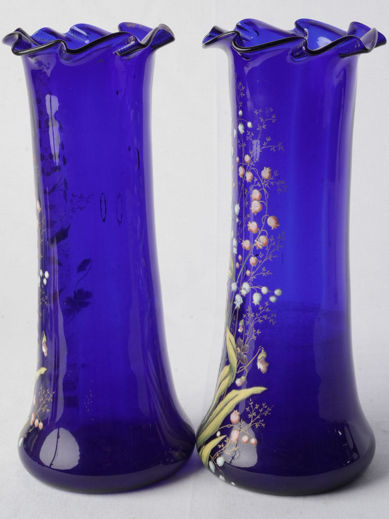 Pair of Cobalt Blue Art Nouveau Enamelled Vases by Legras c. 1900 - 13¾"