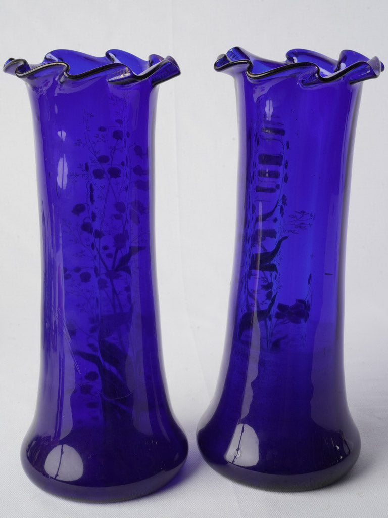 Pair of Cobalt Blue Art Nouveau Enamelled Vases by Legras c. 1900 - 13¾"