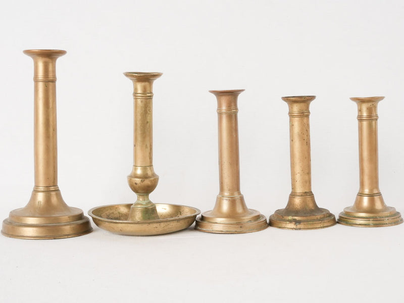 Collection of 5 Napoleon III brass candlesticks w/ levers 9½"