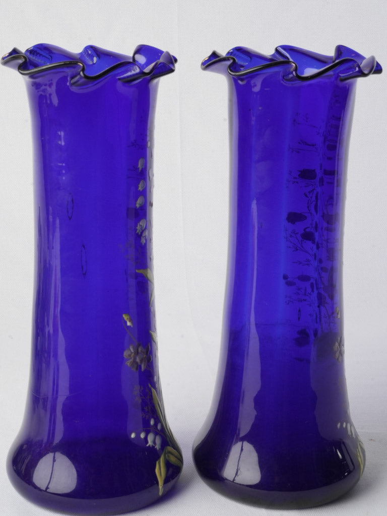 Pair of Cobalt Blue Art Nouveau Enamelled Vases by Legras c. 1900 - 13¾"