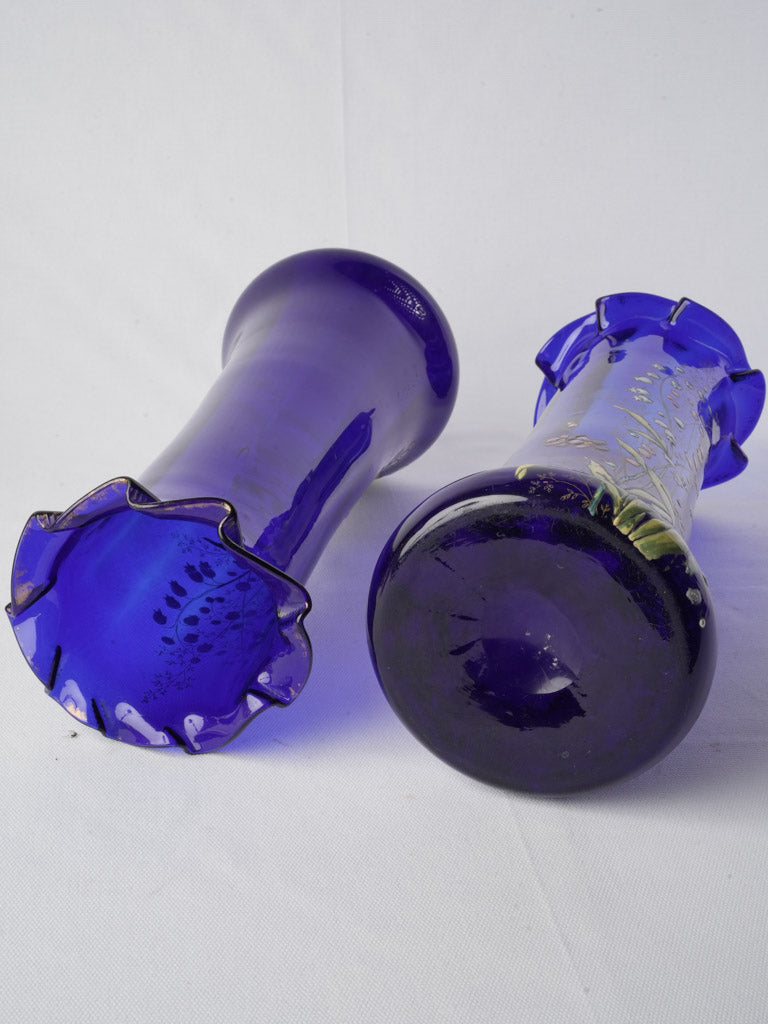 Pair of Cobalt Blue Art Nouveau Enamelled Vases by Legras c. 1900 - 13¾"
