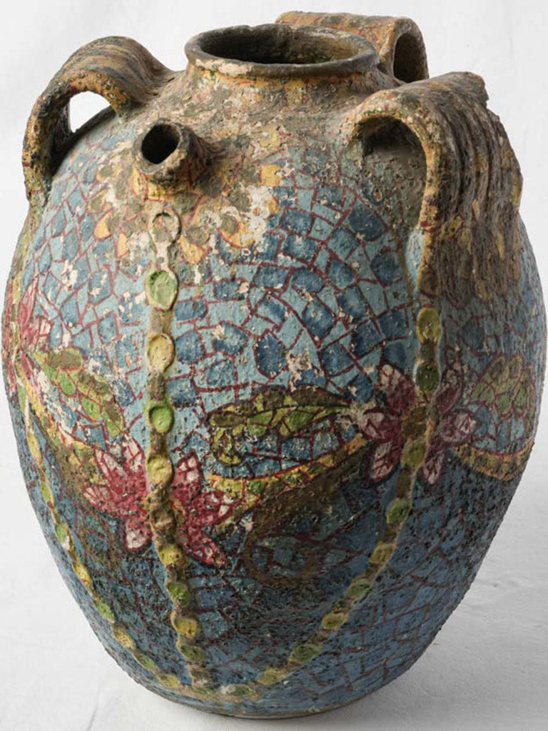Charming French Riviera Terracotta Jar w/ Mosaic Style Painted Decoration Circa 1920s - 17"