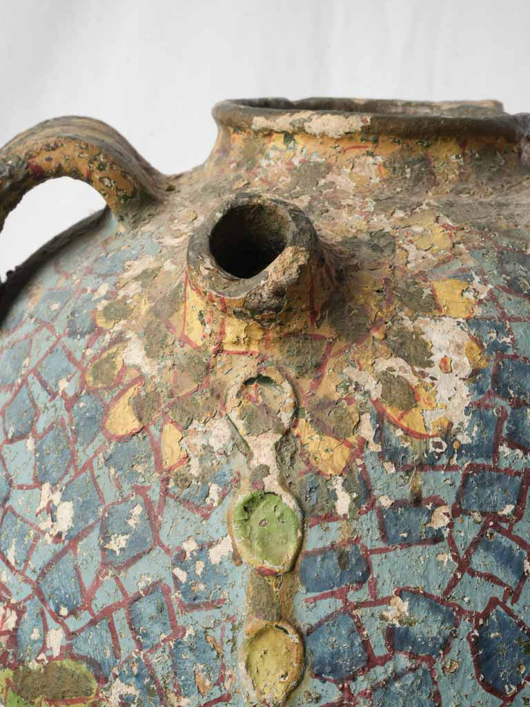 Charming French Riviera Terracotta Jar w/ Mosaic Style Painted Decoration Circa 1920s - 17"