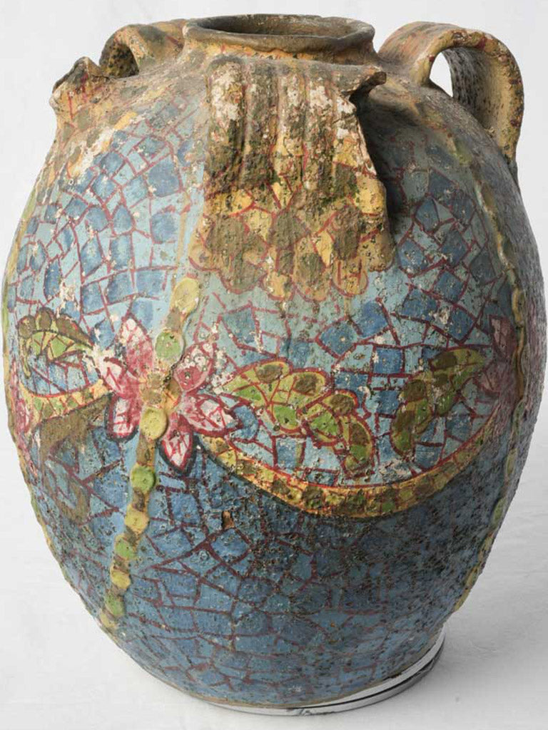 Charming French Riviera Terracotta Jar w/ Mosaic Style Painted Decoration Circa 1920s - 17"