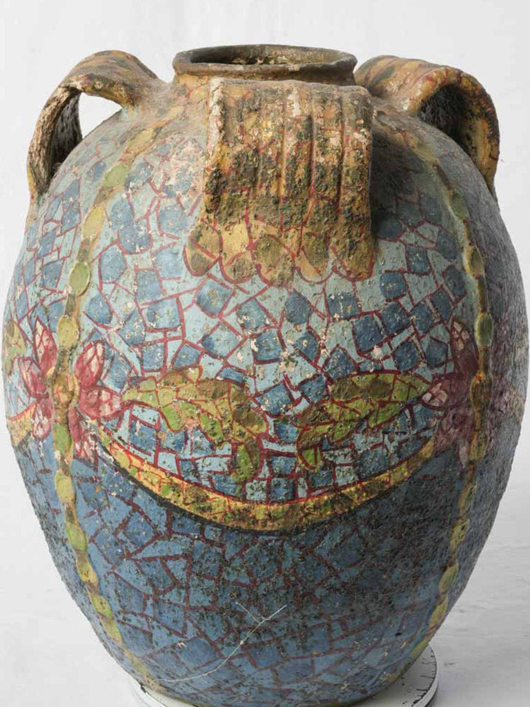 Charming French Riviera Terracotta Jar w/ Mosaic Style Painted Decoration Circa 1920s - 17"