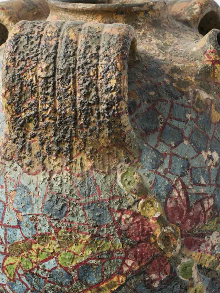 Charming French Riviera Terracotta Jar w/ Mosaic Style Painted Decoration Circa 1920s - 17"