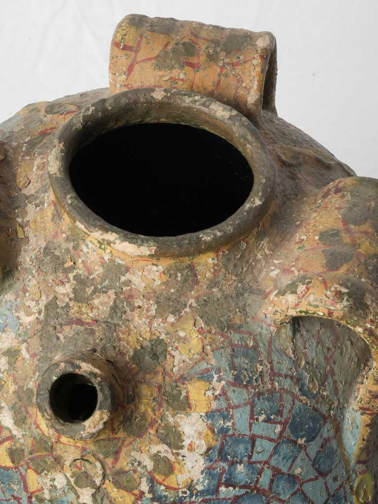 Charming French Riviera Terracotta Jar w/ Mosaic Style Painted Decoration Circa 1920s - 17"