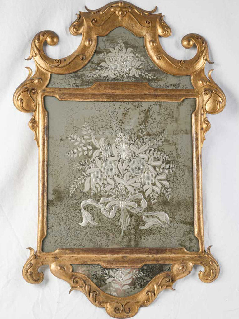 1950s Sculptural Venetian Mirror w/ Engraved Floral Décor - 38½" x 26"
