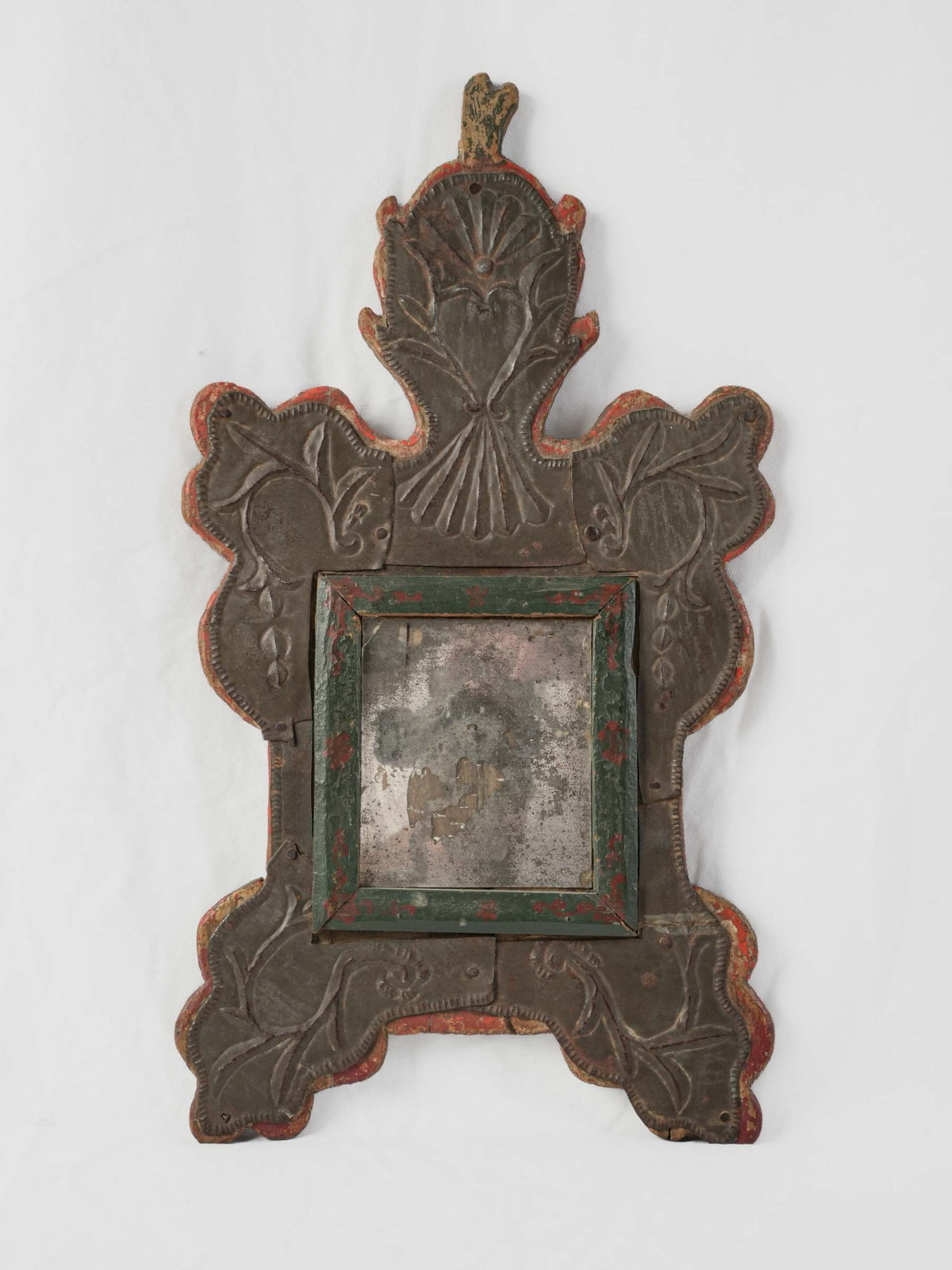 Petite Folk Repoussé Metal Wall Mirror, Mid-20th Century - 22¾" x 12½"