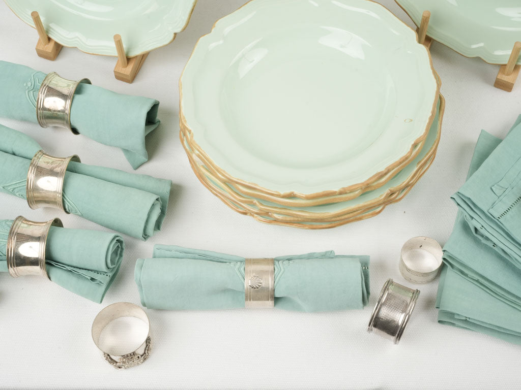 Personalized, antique napkins and dinnerware lot
