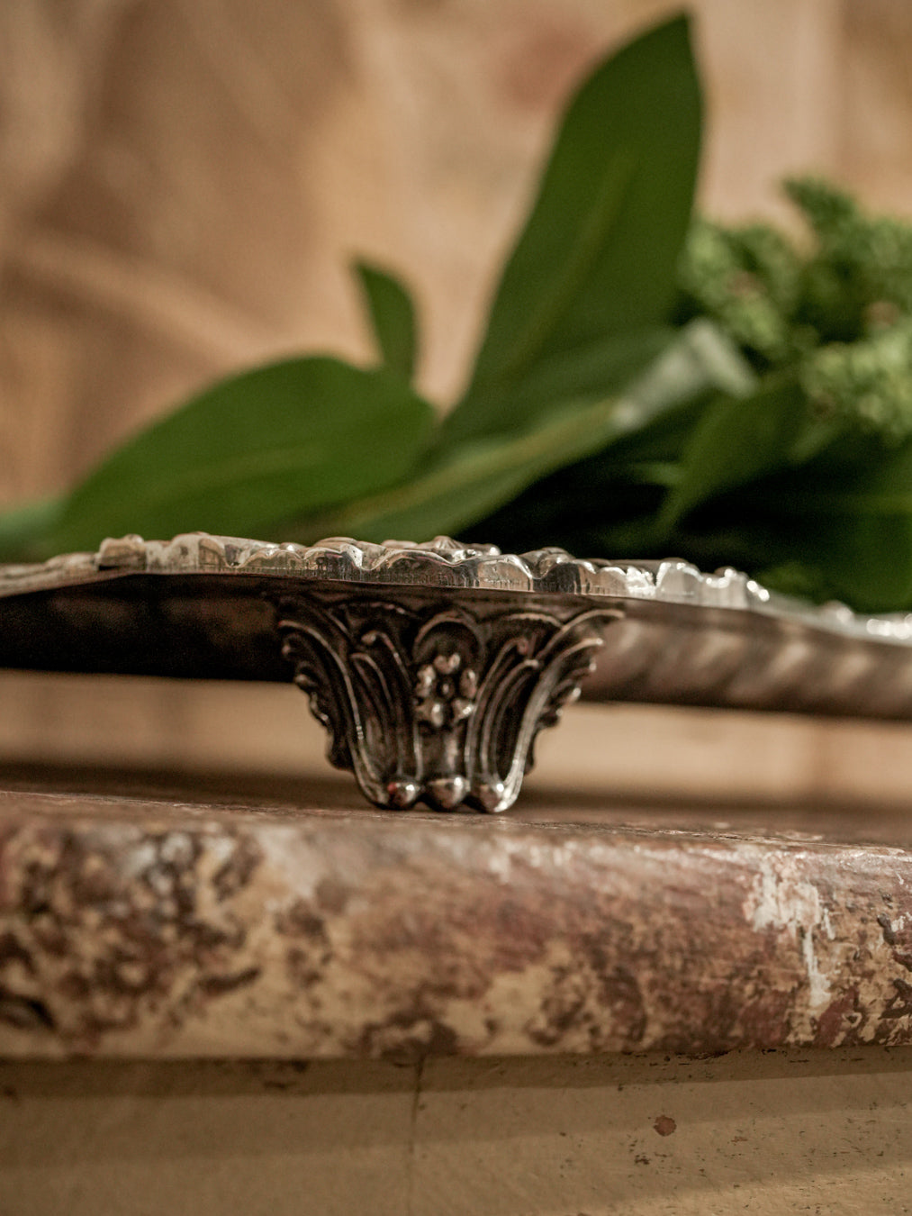 Ornate floral-motif handled platter