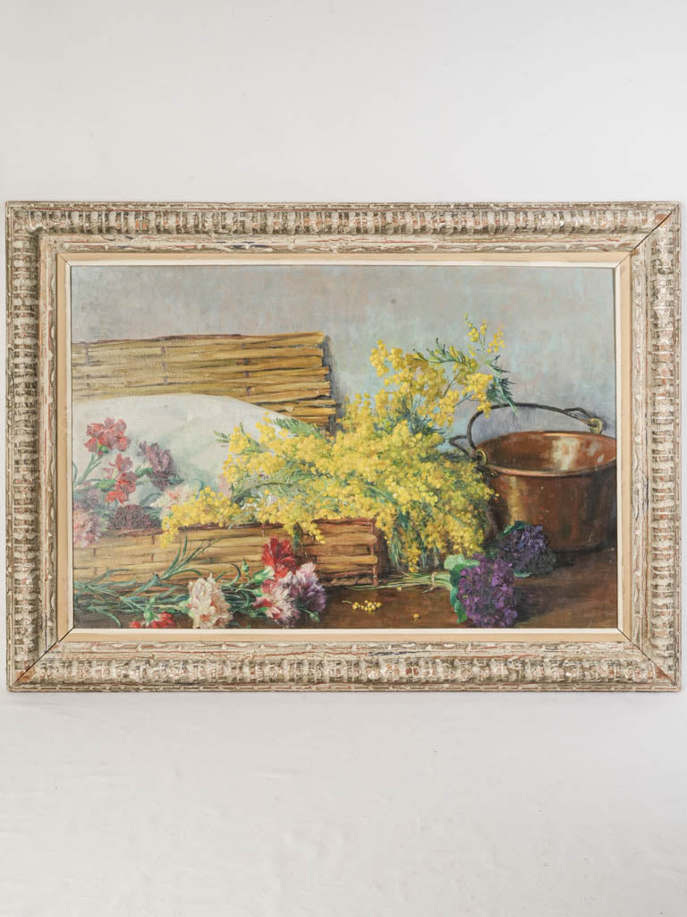 French Floral Still Life with Mimosa, Violets, and Carnations c. 1920 - 28¼ x 39½""