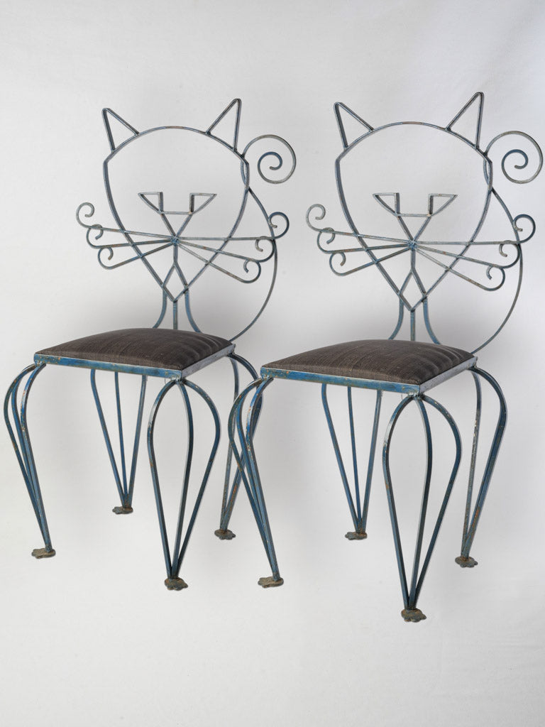 Whimsical Pair of French Wrought-Iron Chairs w/ Cat Silhouette Backs c. 1940 - 45¼"