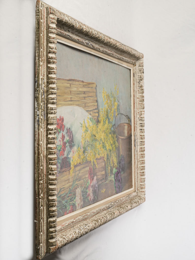 French Floral Still Life with Mimosa, Violets, and Carnations c. 1920 - 28¼ x 39½""