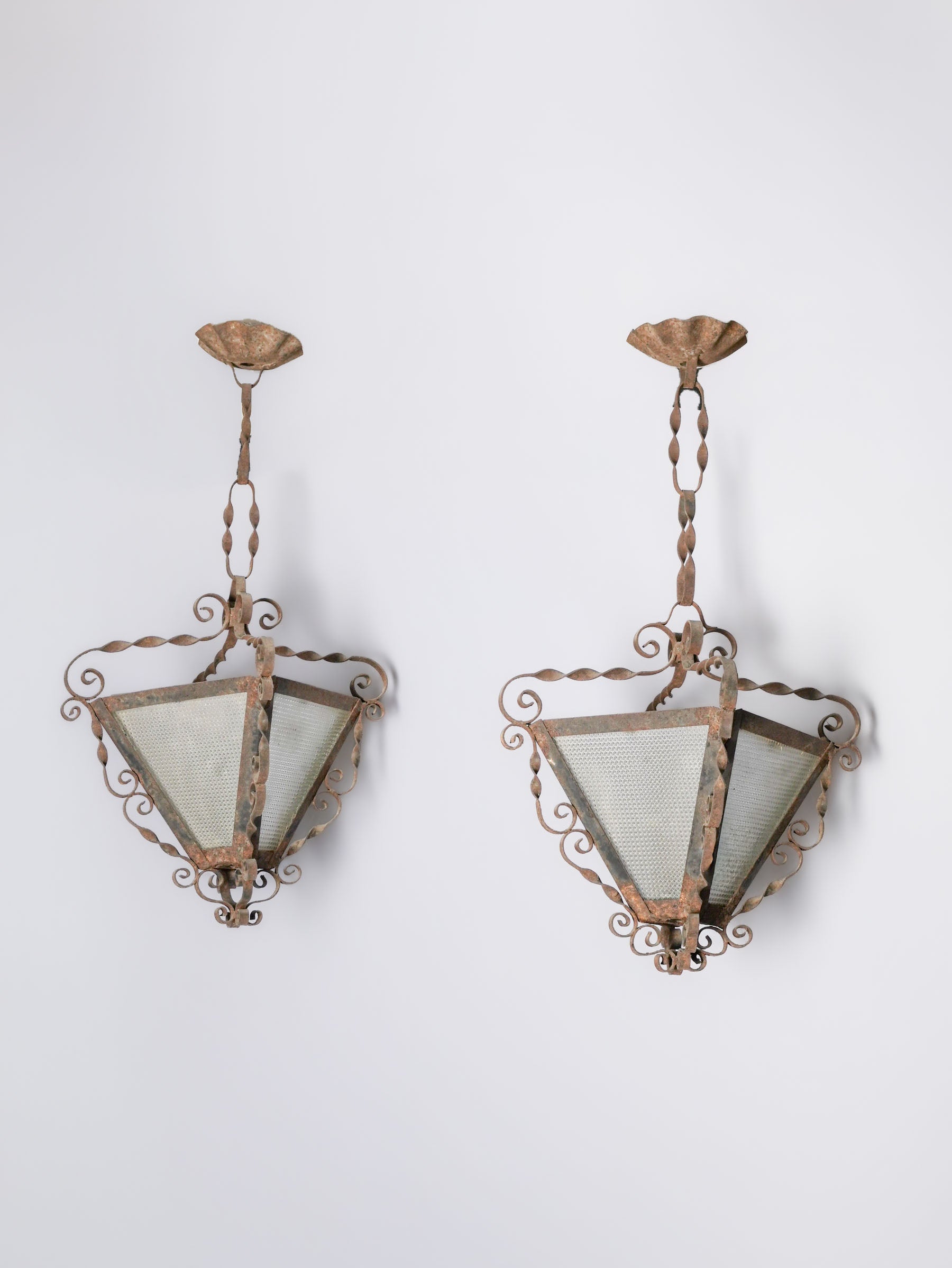 Pair of Petite French Hand-Forged Iron & Molded-Glass Lanterns, c. 1930 - 17¾" x 7½"