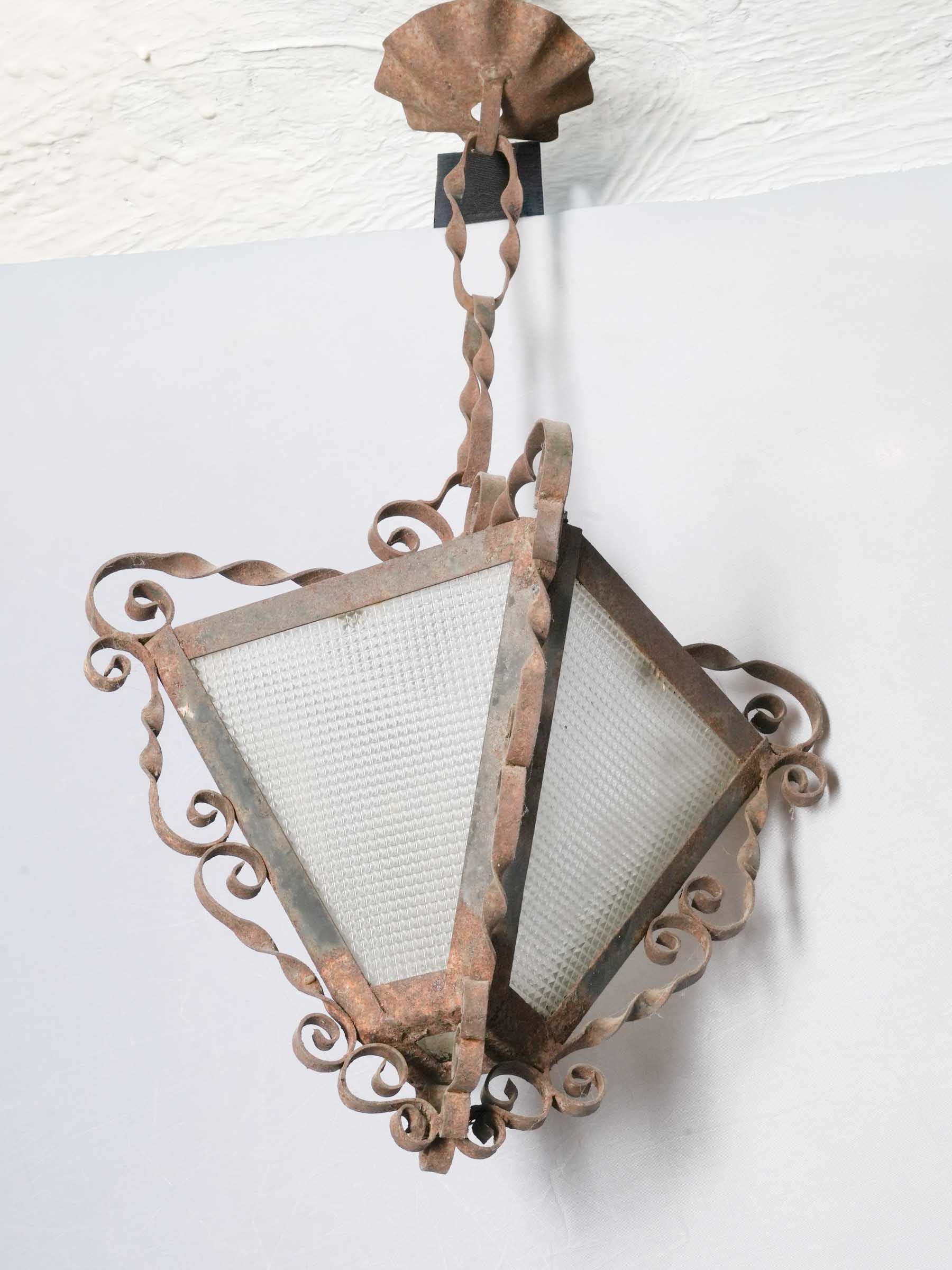 Pair of Petite French Hand-Forged Iron & Molded-Glass Lanterns, c. 1930 - 17¾" x 7½"
