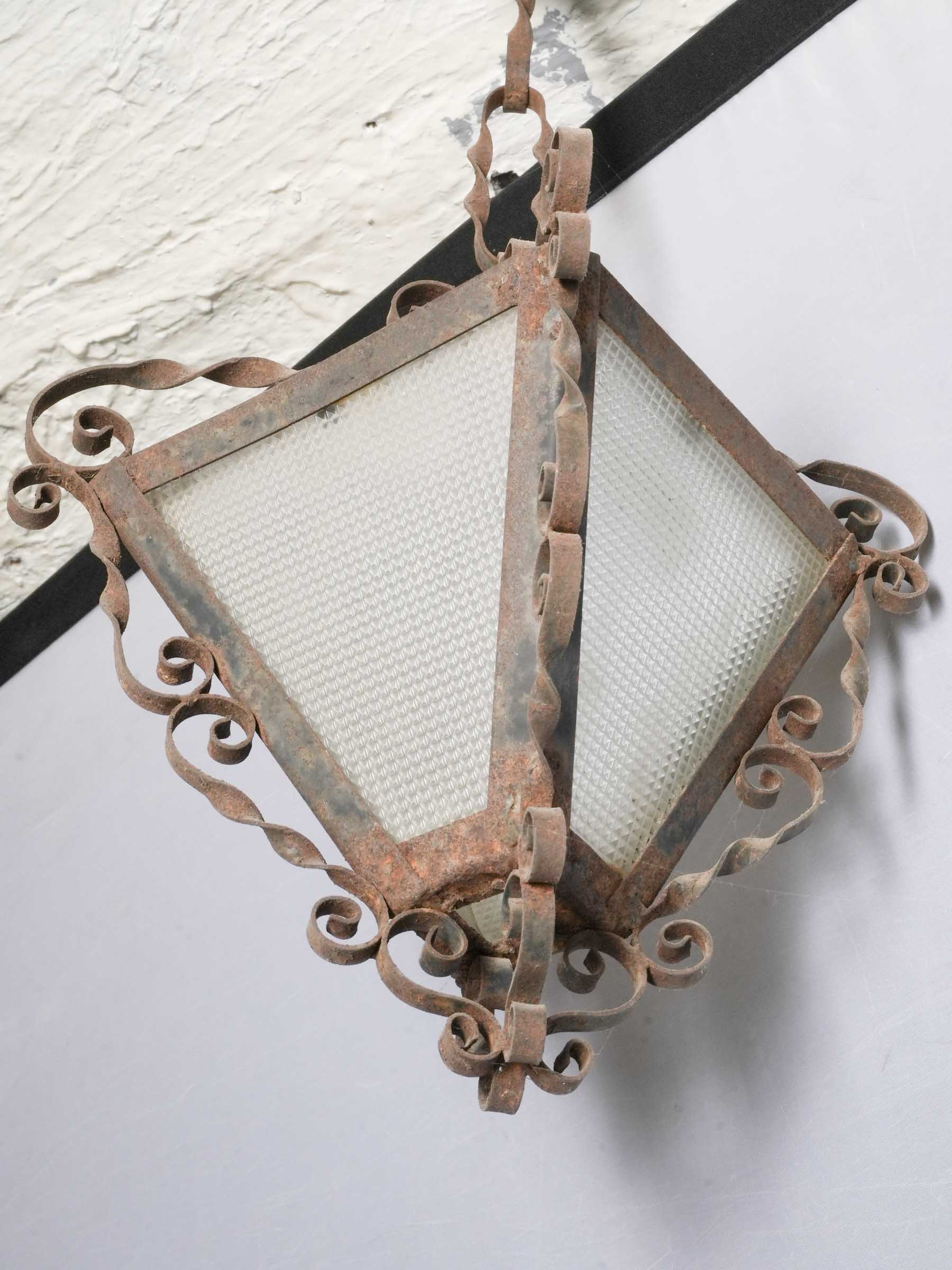 Pair of Petite French Hand-Forged Iron & Molded-Glass Lanterns, c. 1930 - 17¾" x 7½"