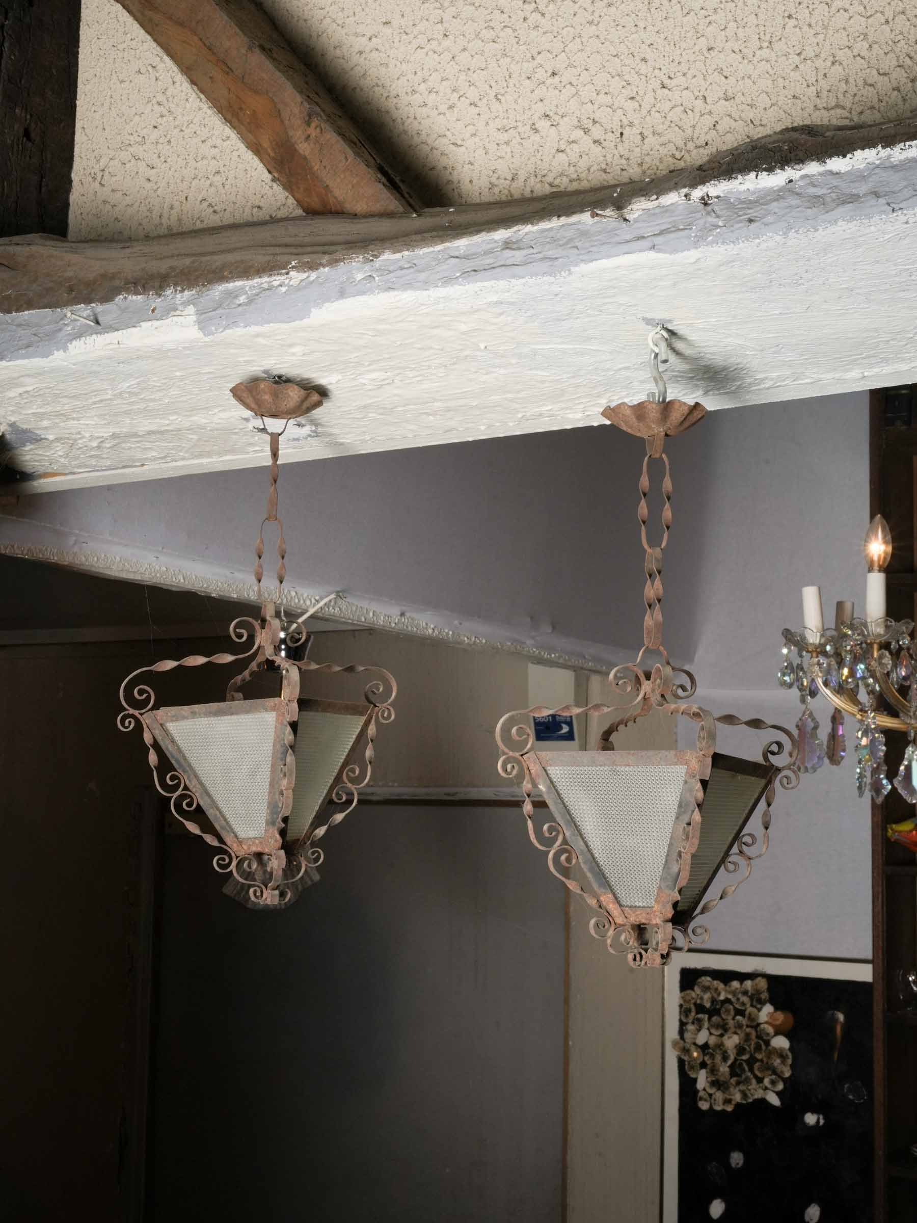 Pair of Petite French Hand-Forged Iron & Molded-Glass Lanterns, c. 1930 - 17¾" x 7½"