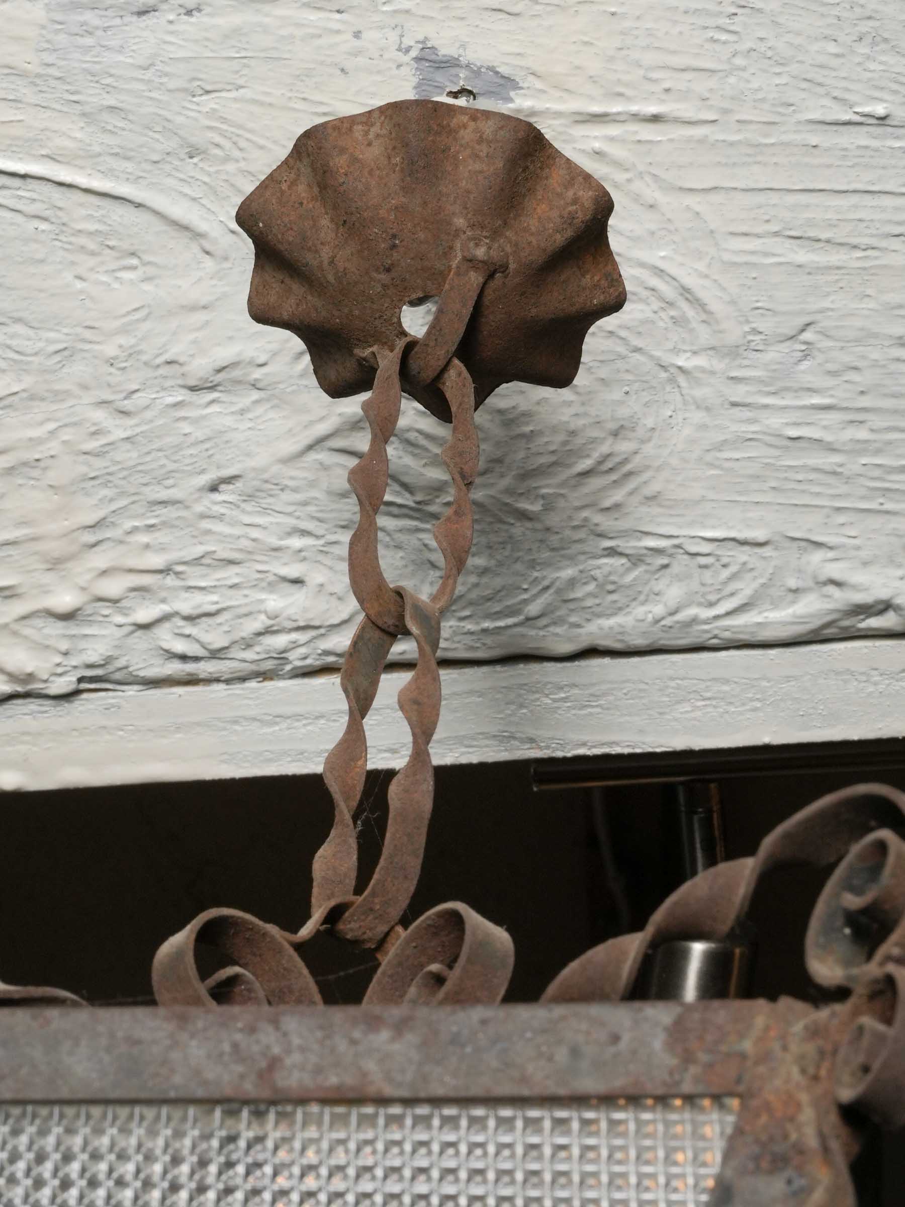 Pair of Petite French Hand-Forged Iron & Molded-Glass Lanterns, c. 1930 - 17¾" x 7½"