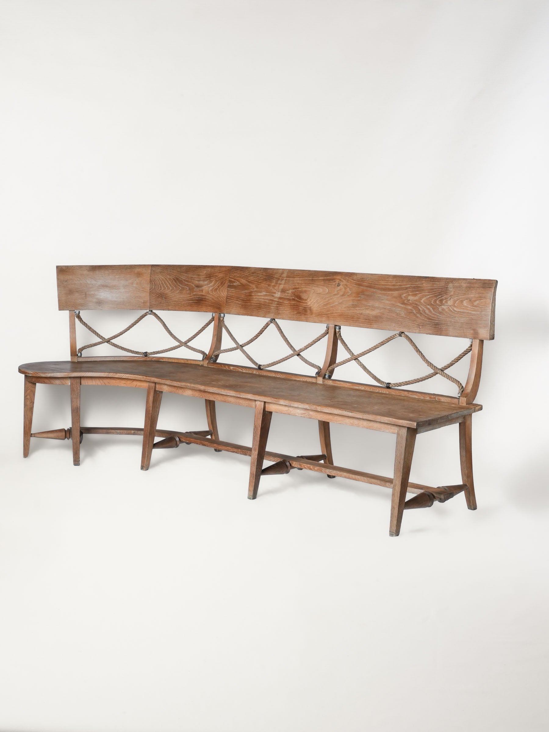 Bespoke 1960s–70s French Oak Bench w/ Curved Return and Rope Back - 87¾"