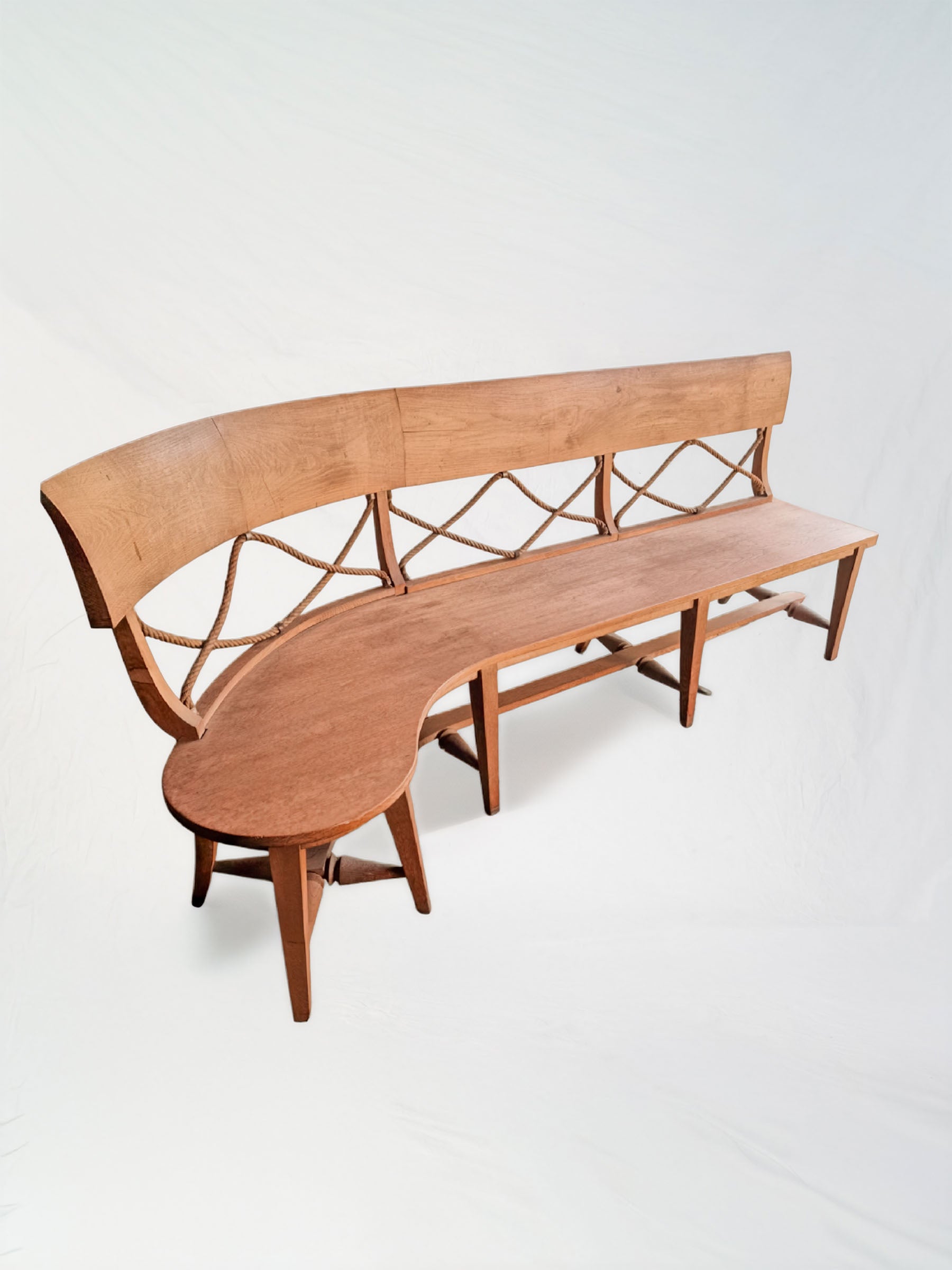 Bespoke 1960s–70s French Oak Bench w/ Curved Return and Rope Back - 87¾"