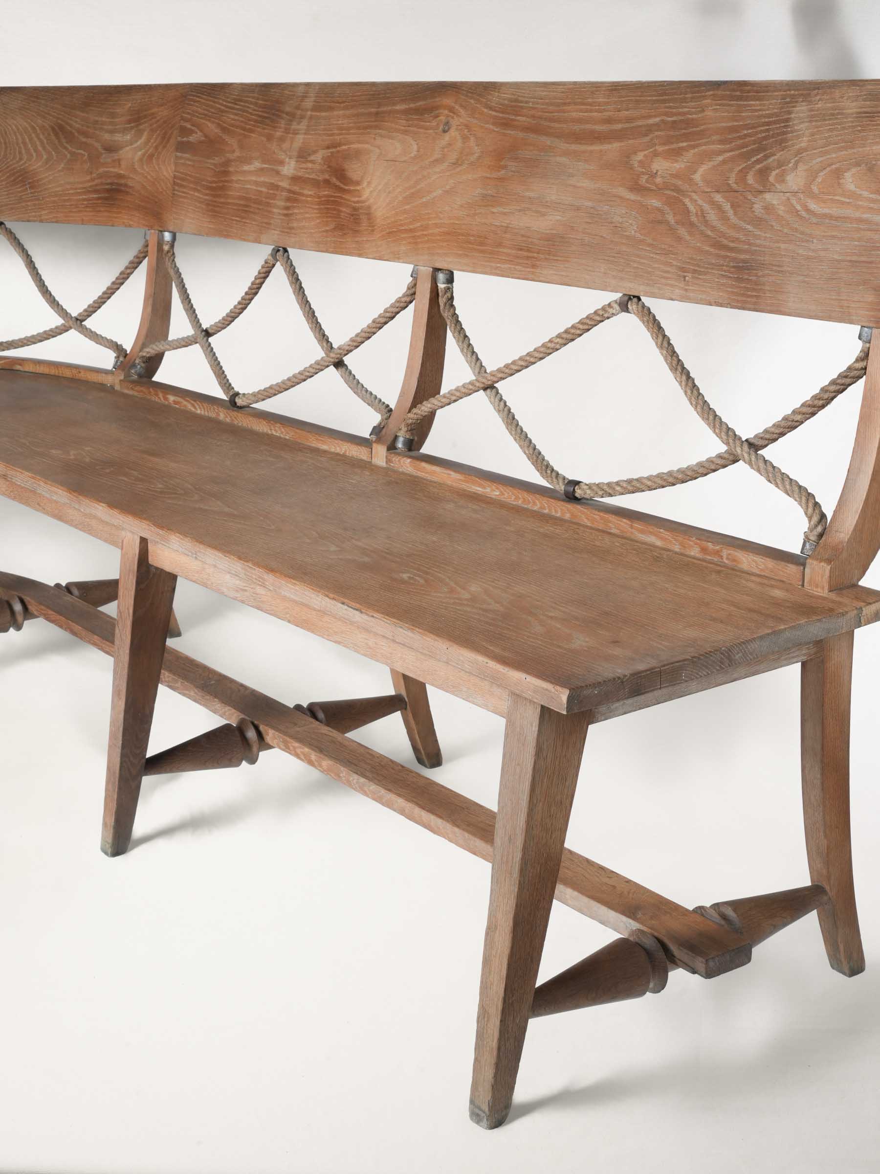 Bespoke 1960s–70s French Oak Bench w/ Curved Return and Rope Back - 87¾"