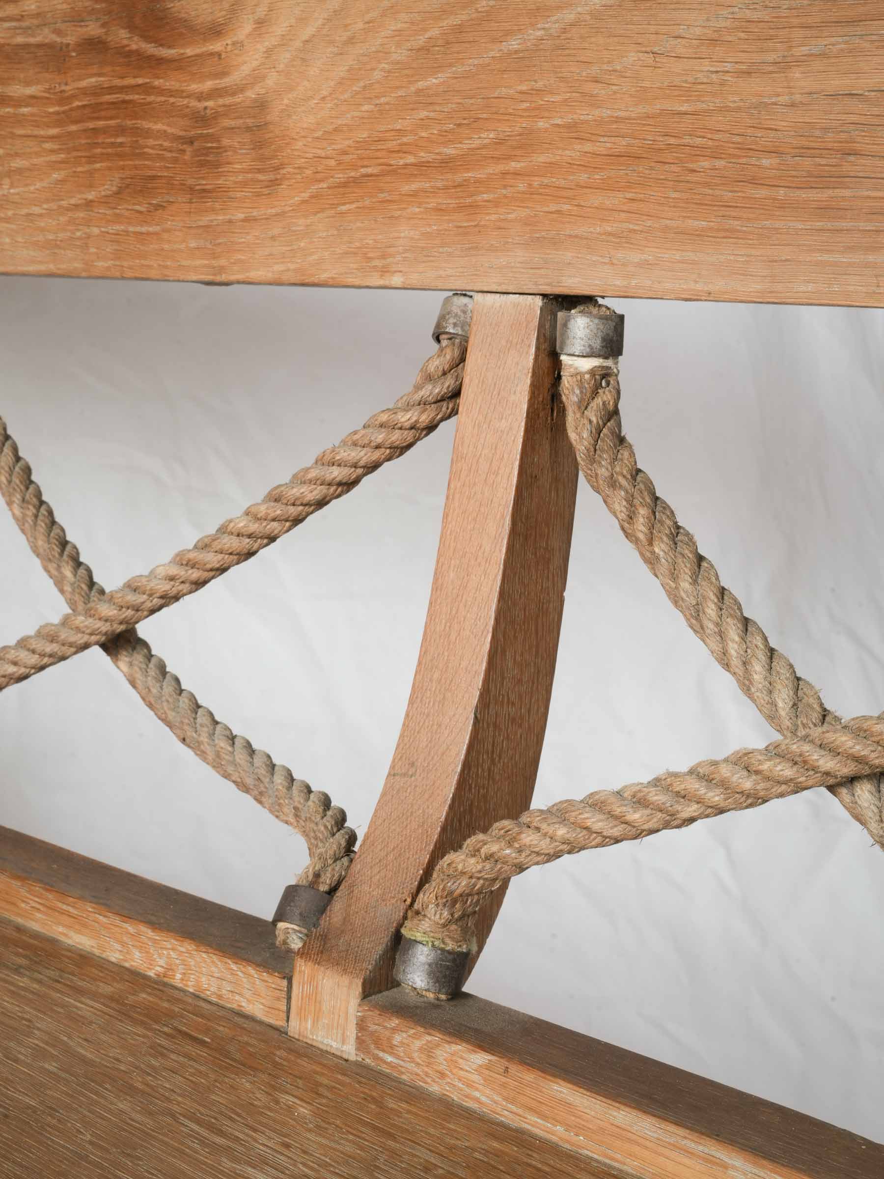 Bespoke 1960s–70s French Oak Bench w/ Curved Return and Rope Back - 87¾"