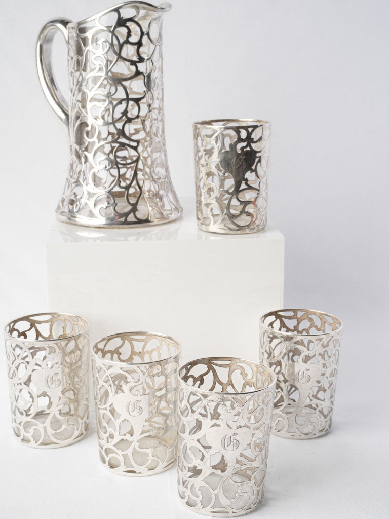 Luxurious Early 20th Century Alvin Sterling Silver Overlay Juice Set for 5