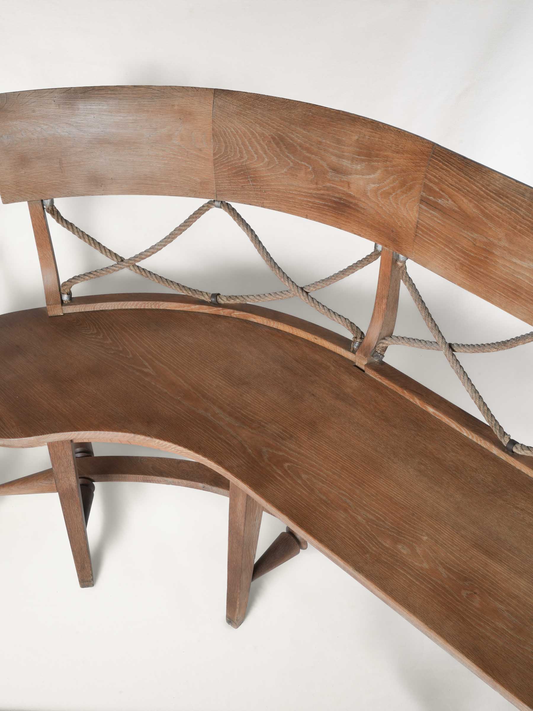 Bespoke 1960s–70s French Oak Bench w/ Curved Return and Rope Back - 87¾"