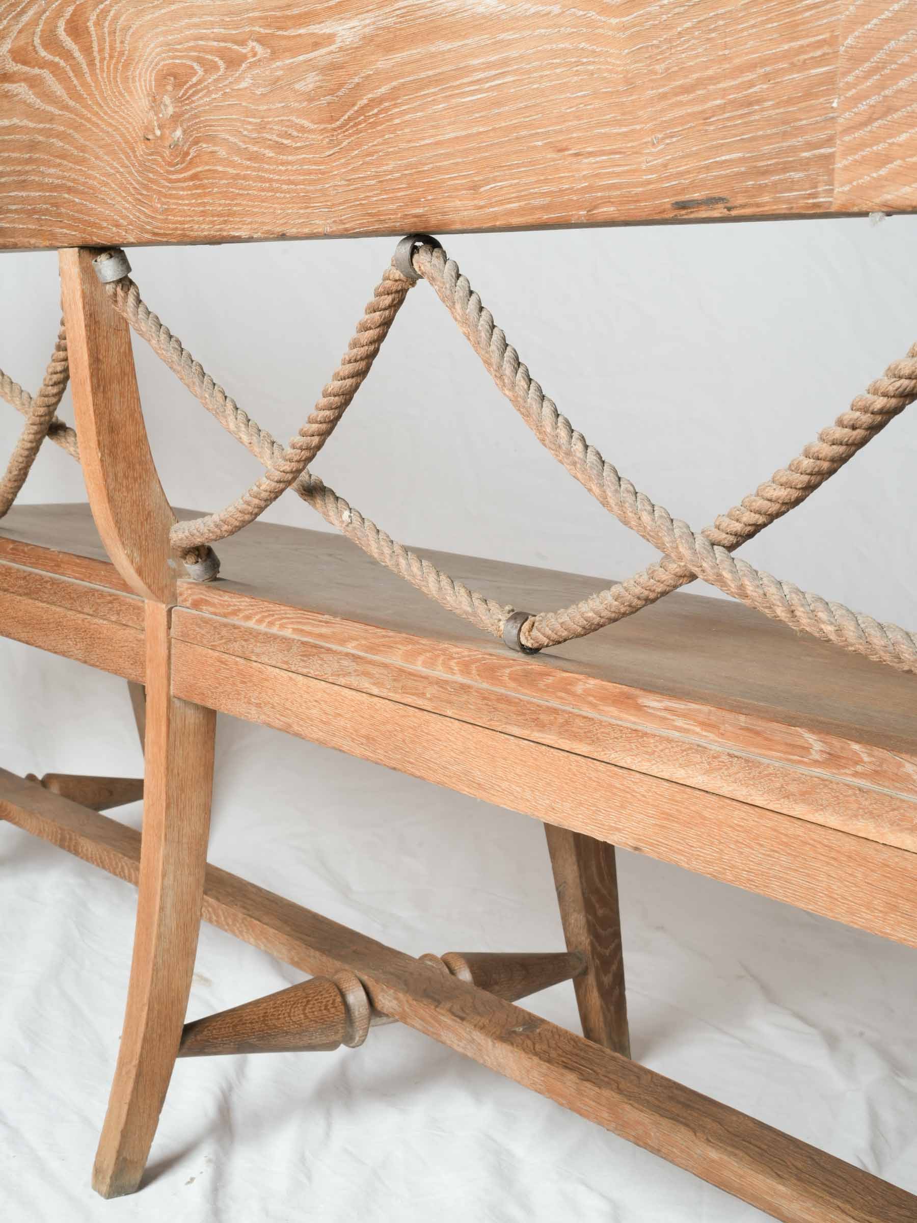 Bespoke 1960s–70s French Oak Bench w/ Curved Return and Rope Back - 87¾"