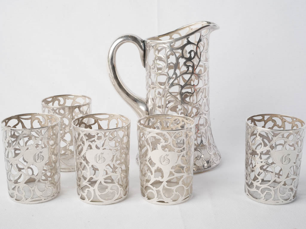 Luxurious Early 20th Century Alvin Sterling Silver Overlay Juice Set for 5