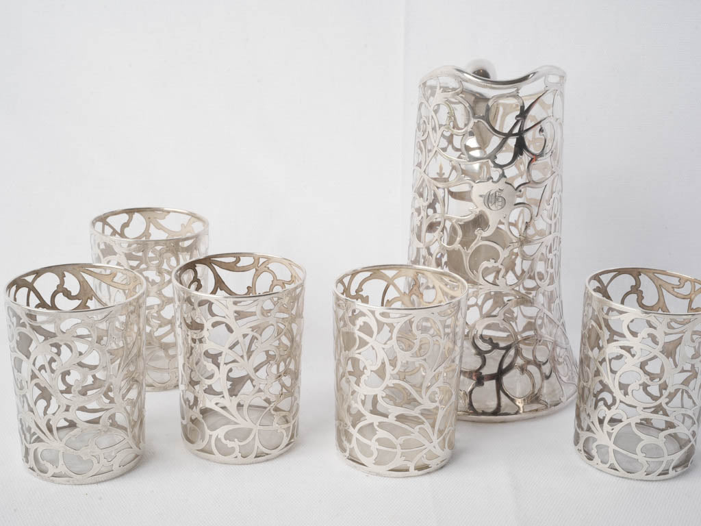 Luxurious Early 20th Century Alvin Sterling Silver Overlay Juice Set for 5