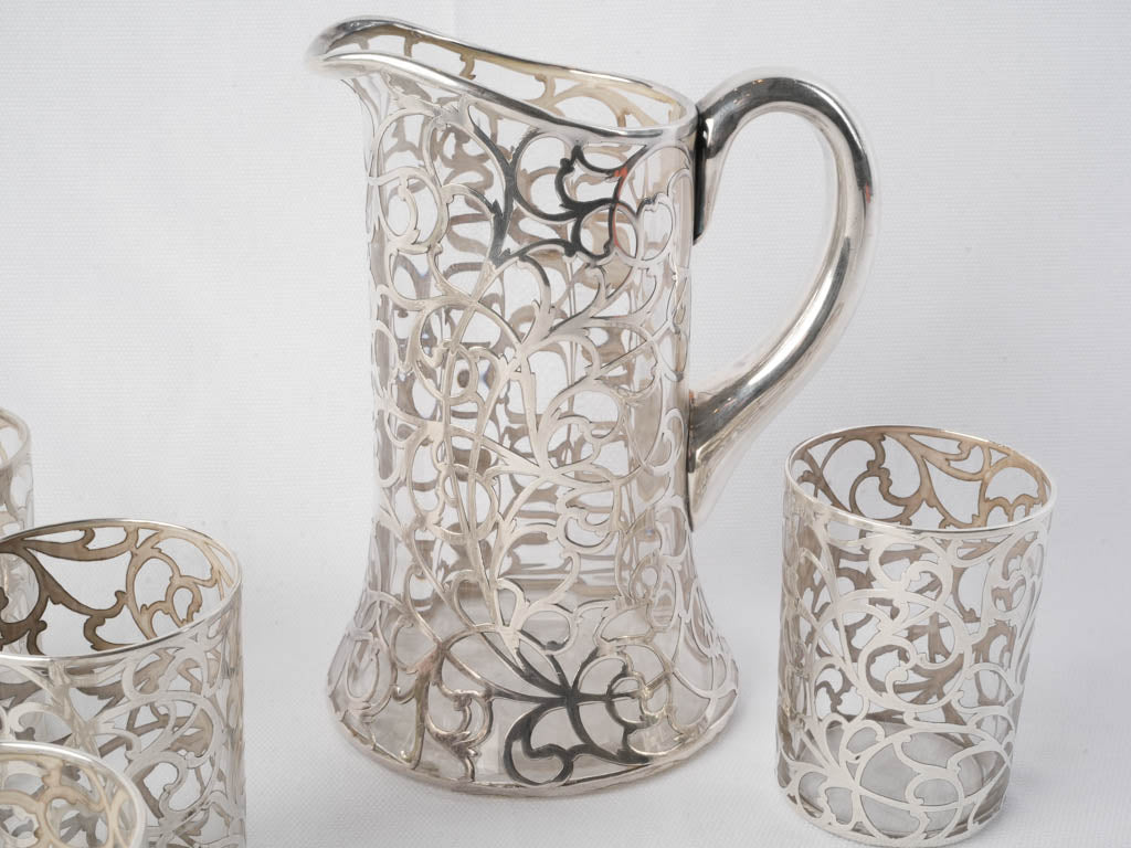 Luxurious Early 20th Century Alvin Sterling Silver Overlay Juice Set for 5