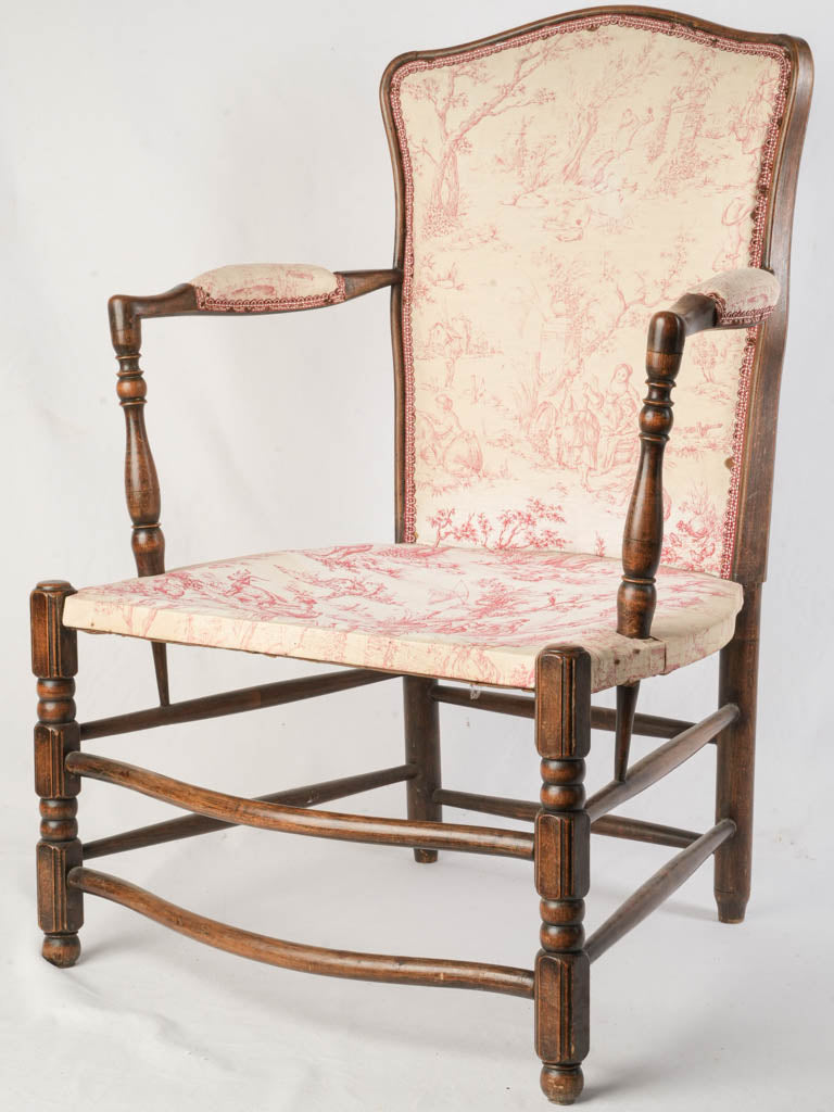 Charming Petite Provençal Walnut Armchair w/ Toile de Jouy Upholstery - 34¼"
