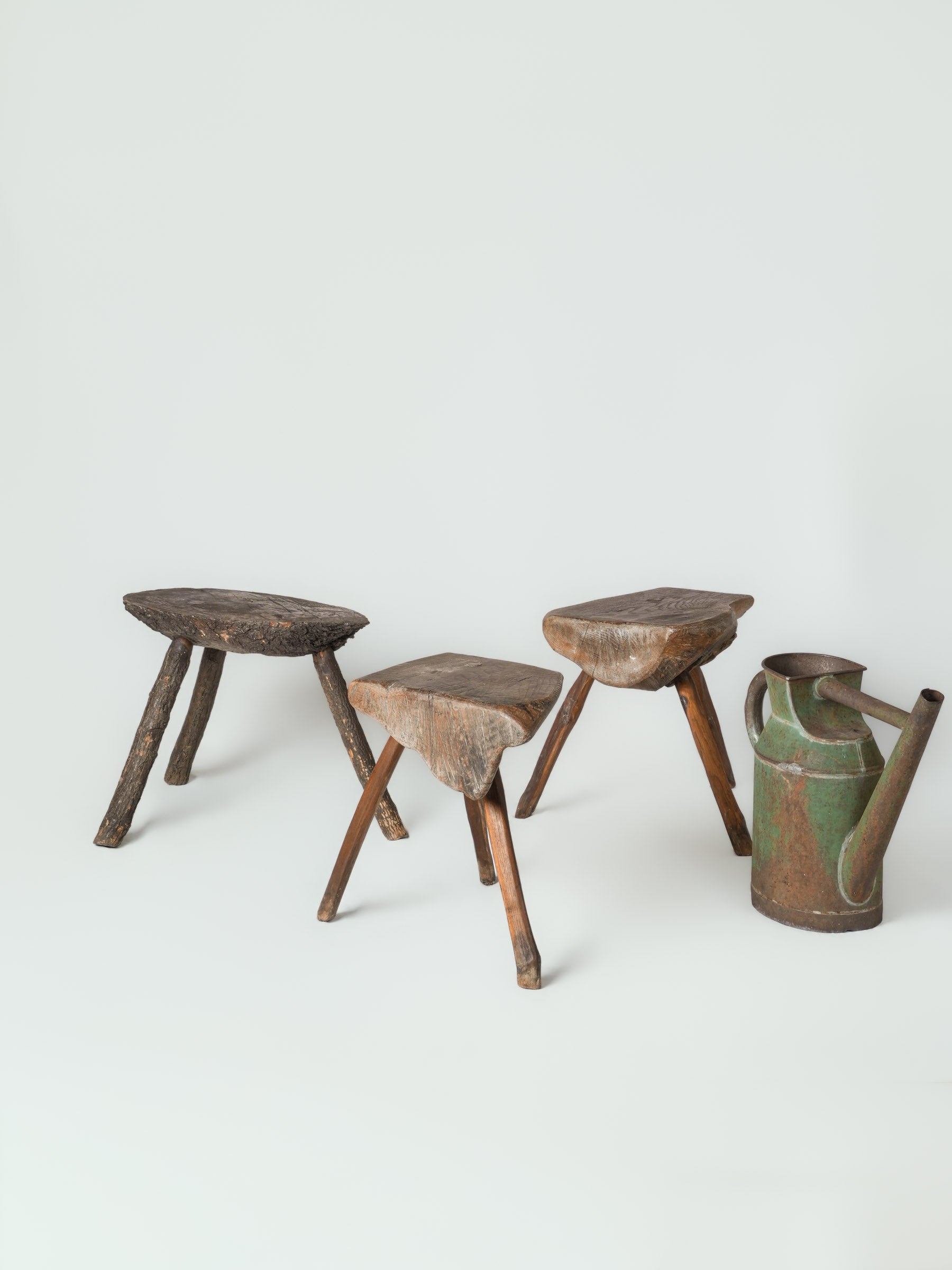 Set of Three Primitive French Wooden Stools, Early to Mid-20th Century