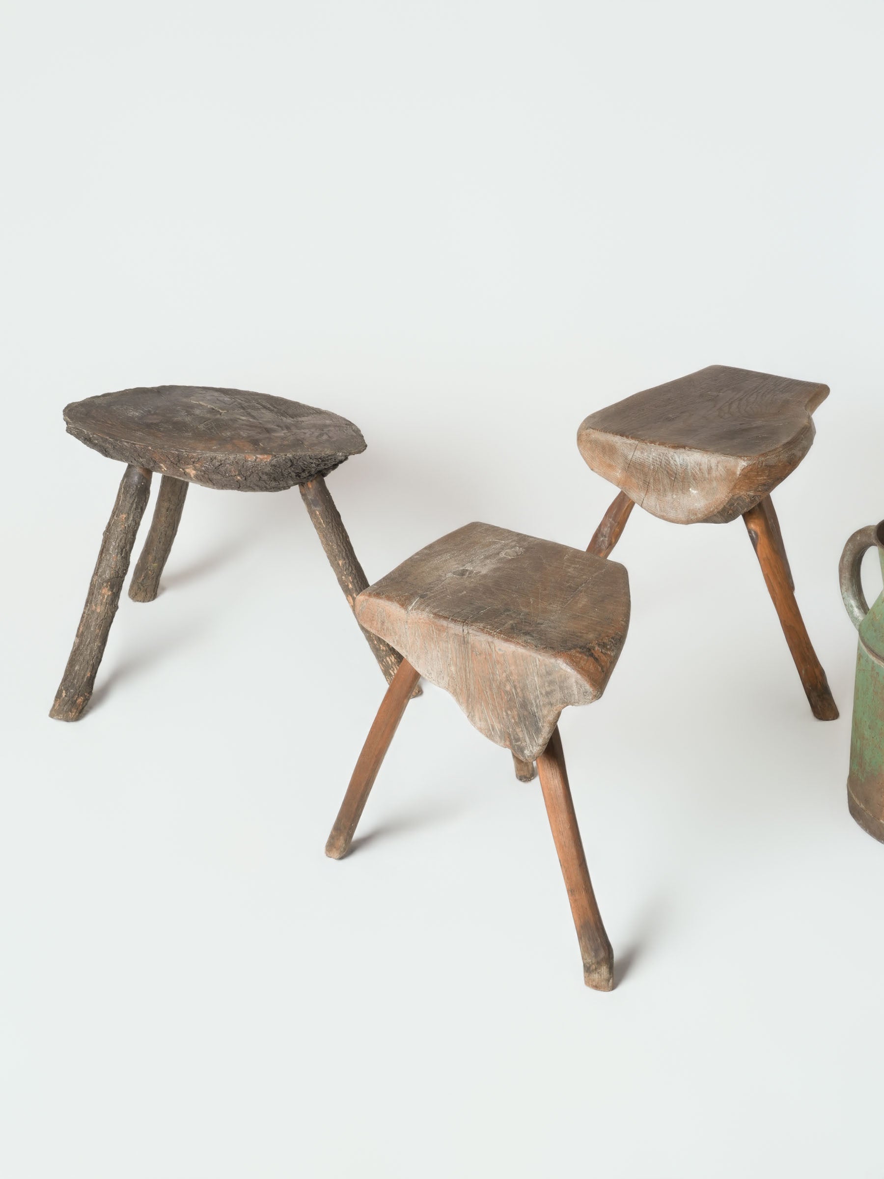 Set of Three Primitive French Wooden Stools, Early to Mid-20th Century