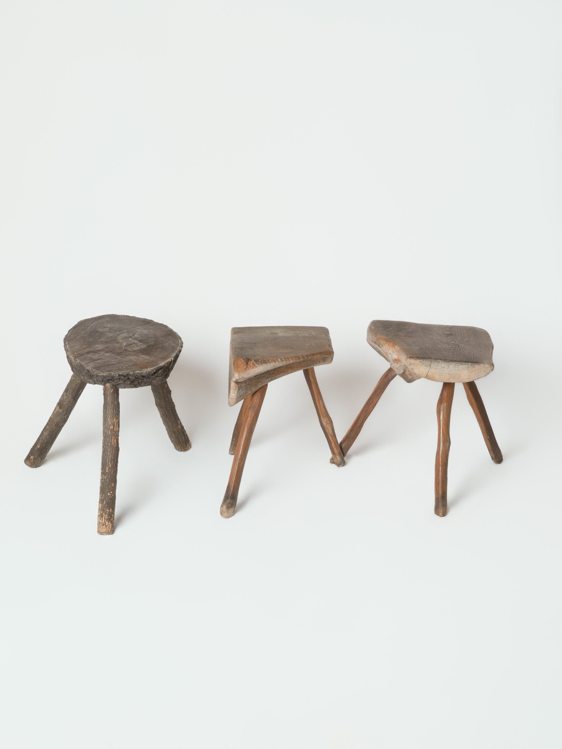 Set of Three Primitive French Wooden Stools, Early to Mid-20th Century