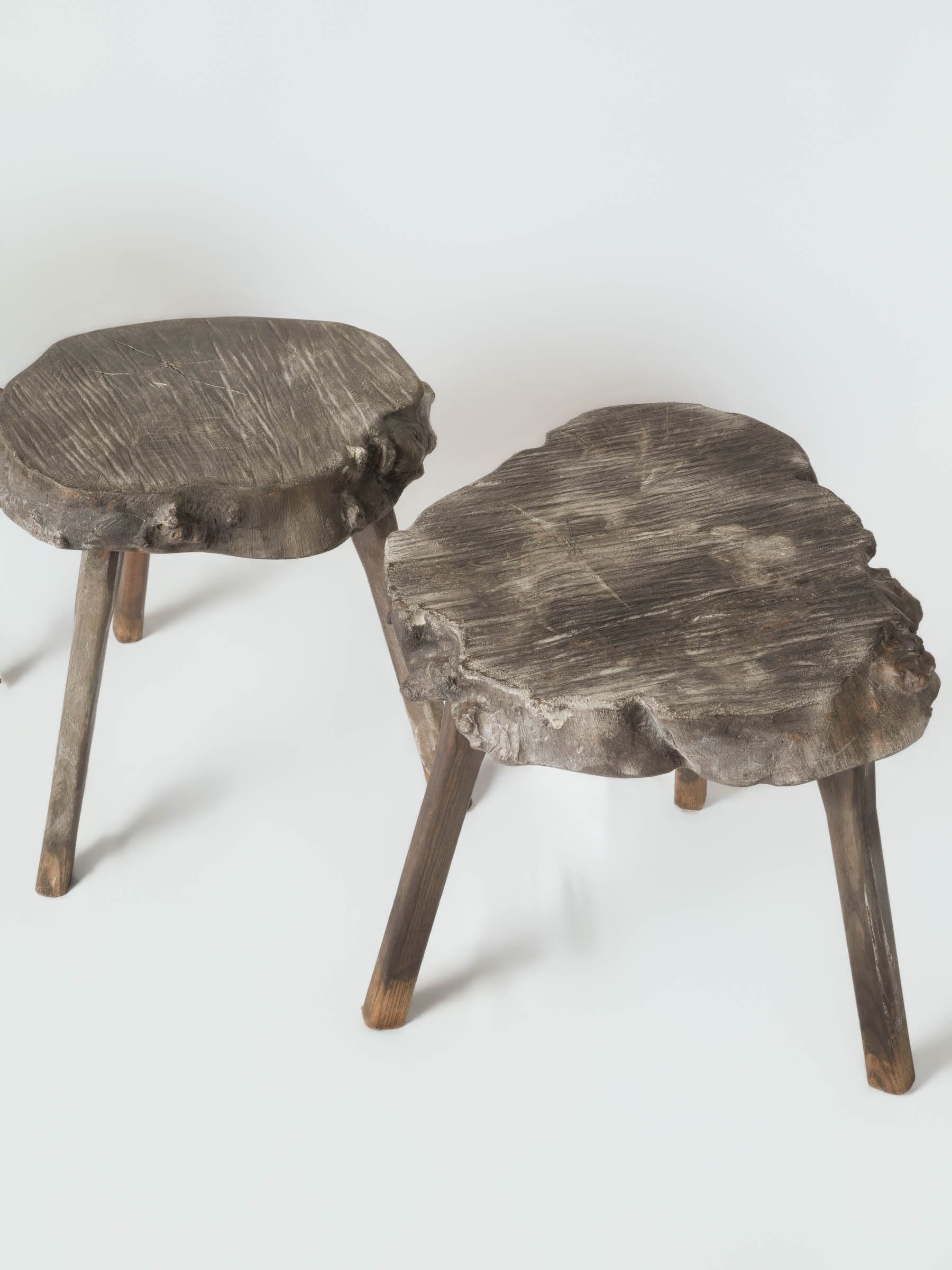 Set of Three Rustic French Wooden Stools, Mid-20th Century