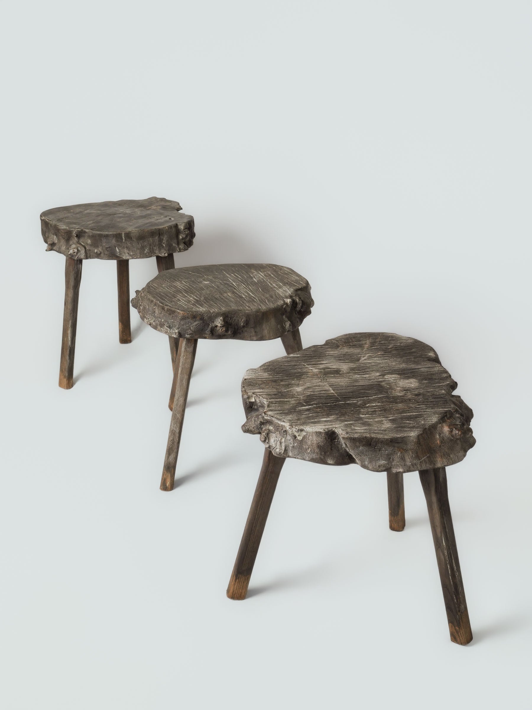 Set of Three Rustic French Wooden Stools, Mid-20th Century