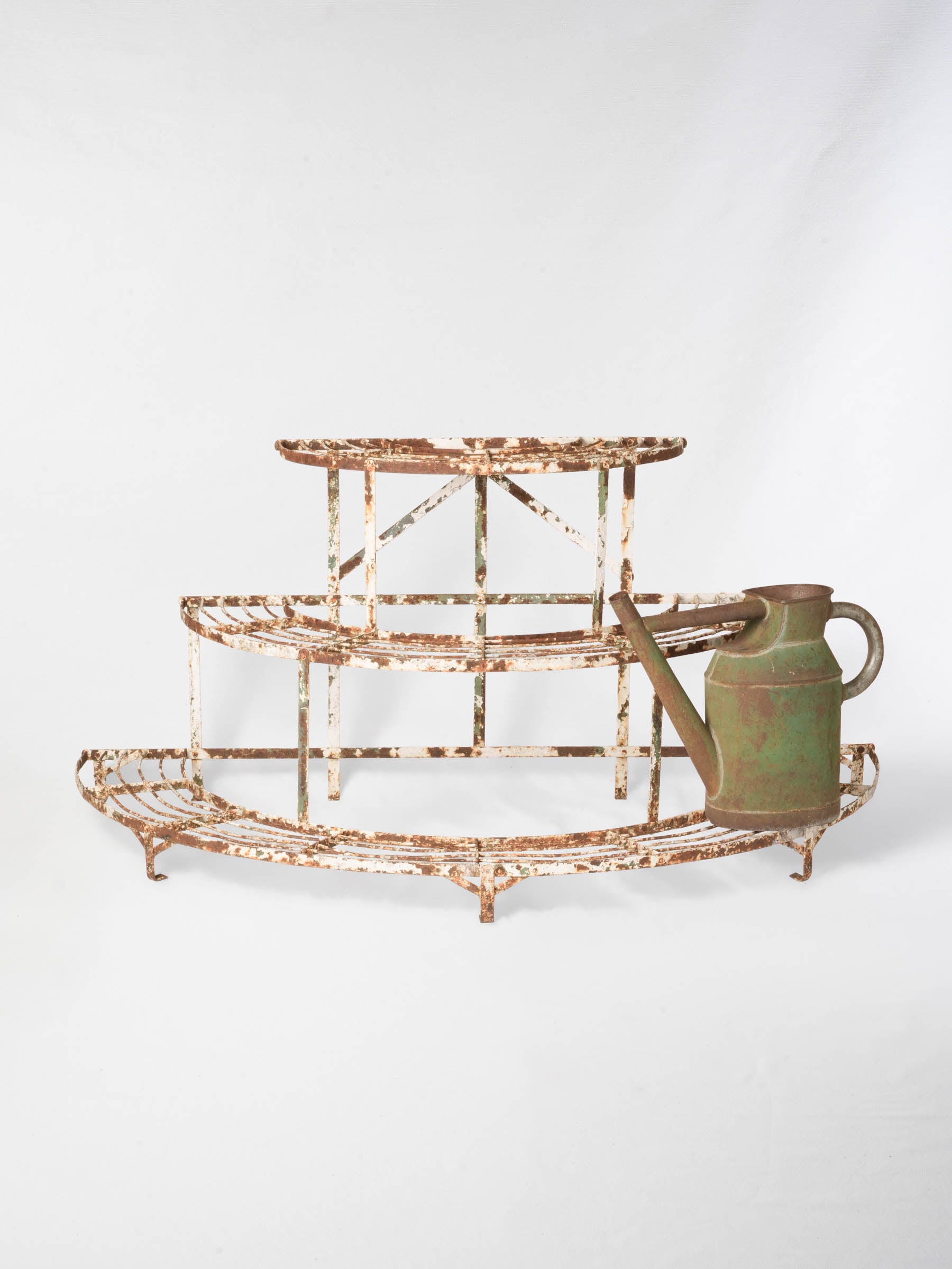 Early 20th-Century French Half-Moon Waterfall Iron Plant Stand w/ Weathered Patina - 29¼" x 63"