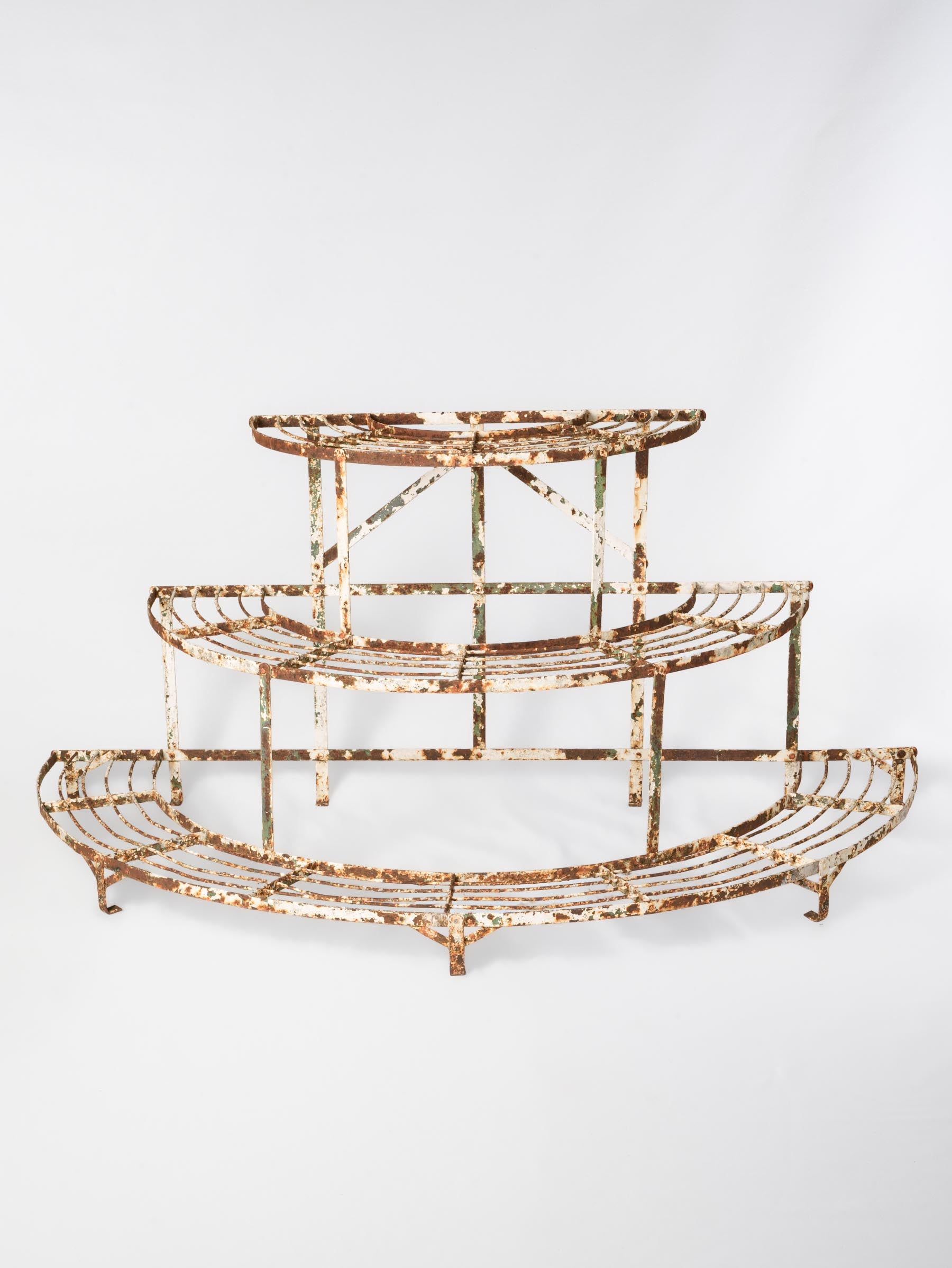 Early 20th-Century French Half-Moon Waterfall Iron Plant Stand w/ Weathered Patina - 29¼" x 63"