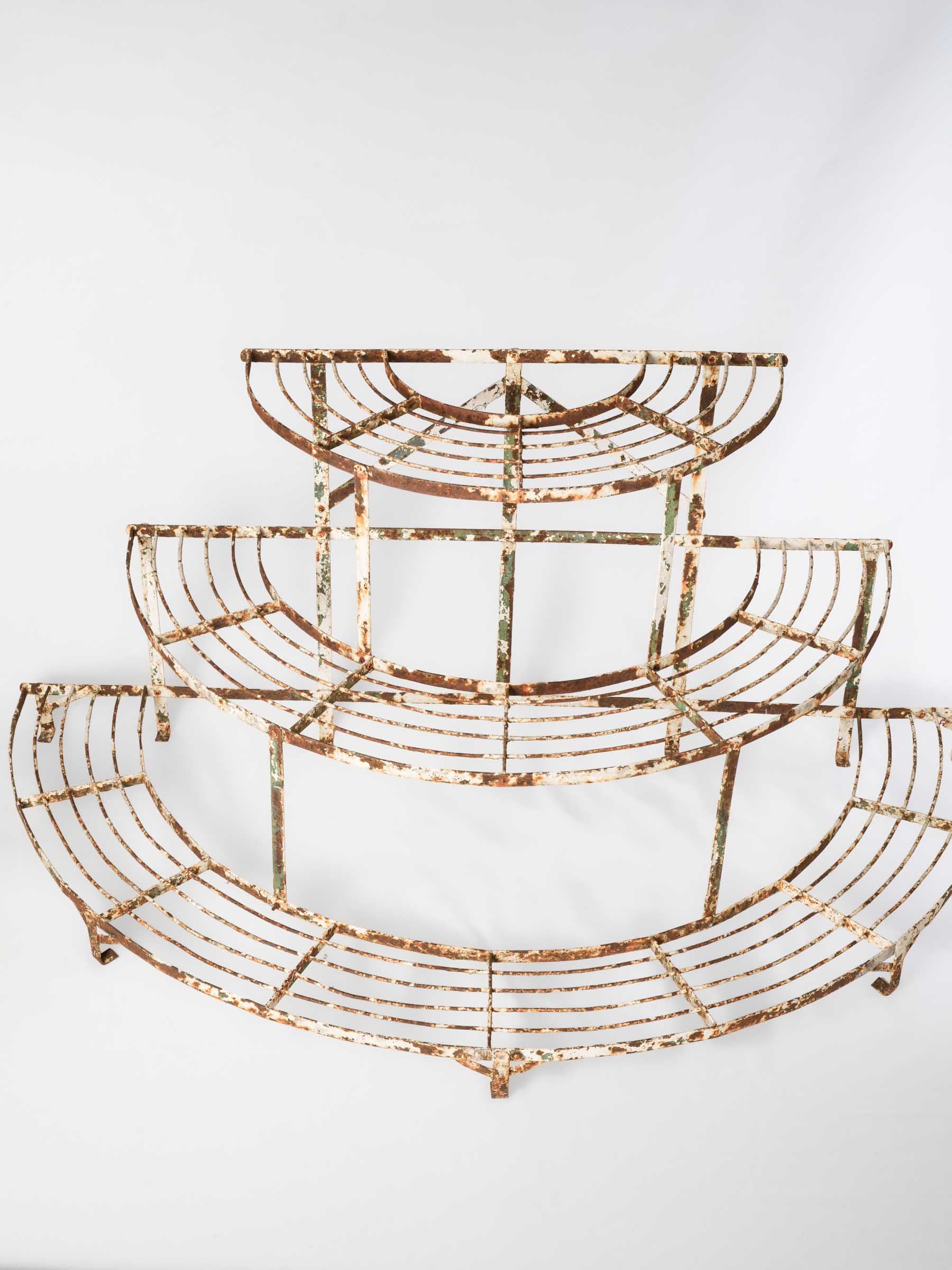 Early 20th-Century French Half-Moon Waterfall Iron Plant Stand w/ Weathered Patina - 29¼" x 63"