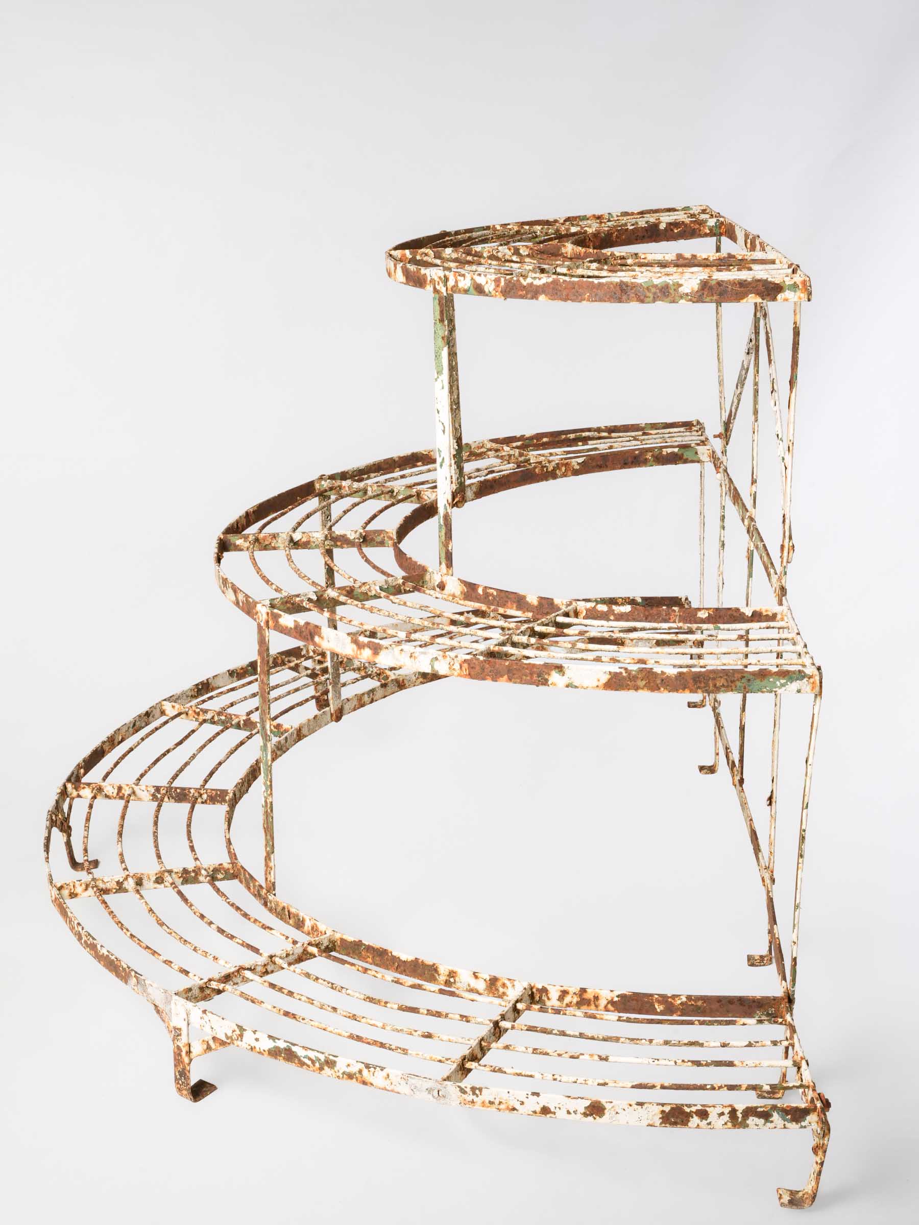 Early 20th-Century French Half-Moon Waterfall Iron Plant Stand w/ Weathered Patina - 29¼" x 63"